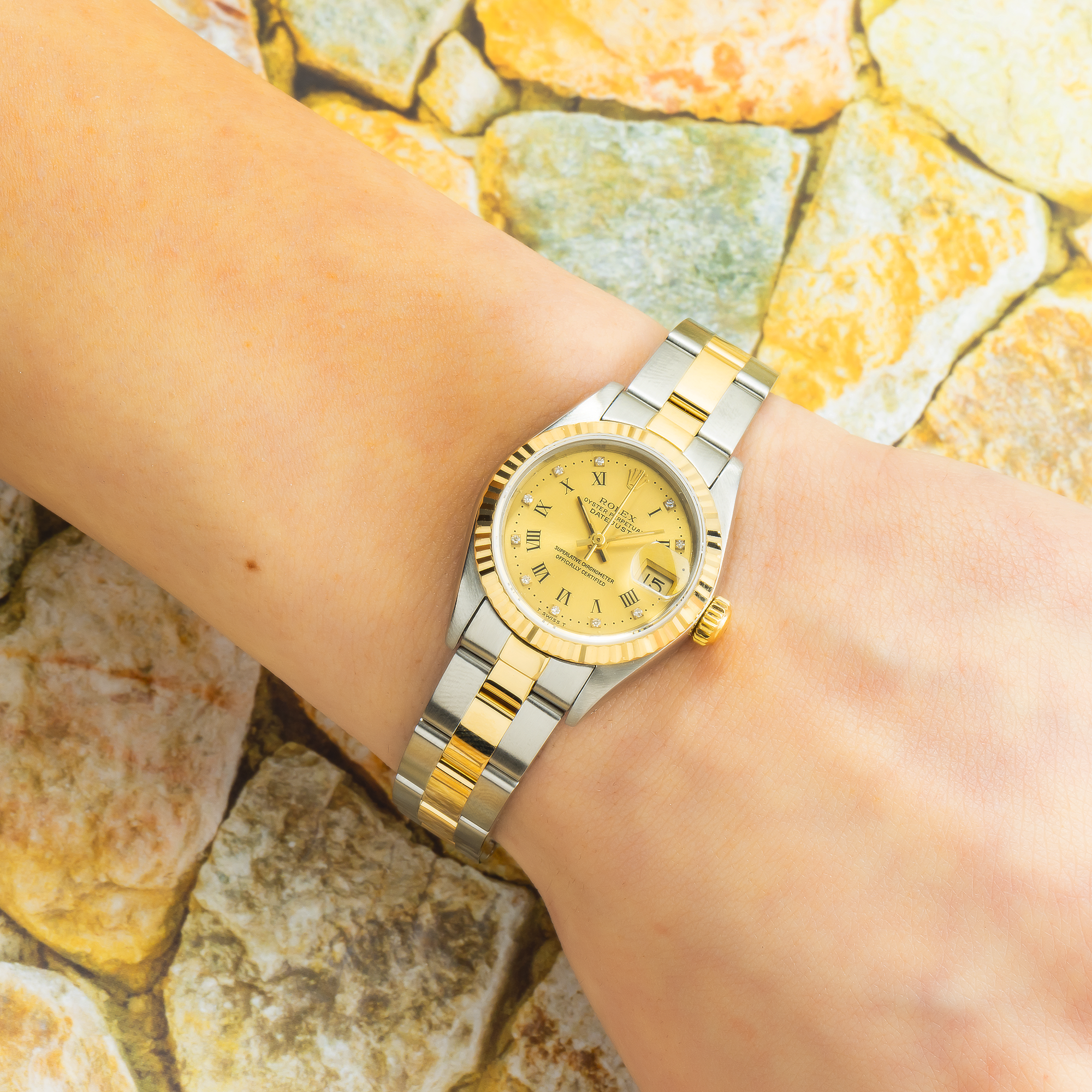 Rolex Datejust 69173 26MM Champagne Diamond Roman Dial With Two Tone Oyster Bracelet