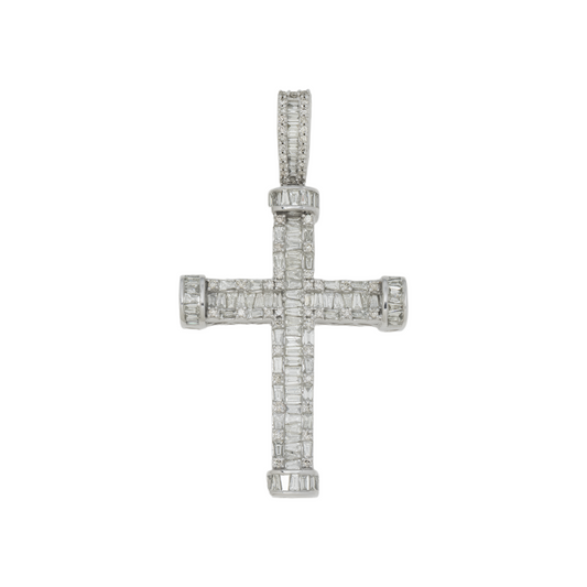 10K GOLD ROUND AND BAGUETTE DIAMOND CROSS PENDANT 3.00 CT