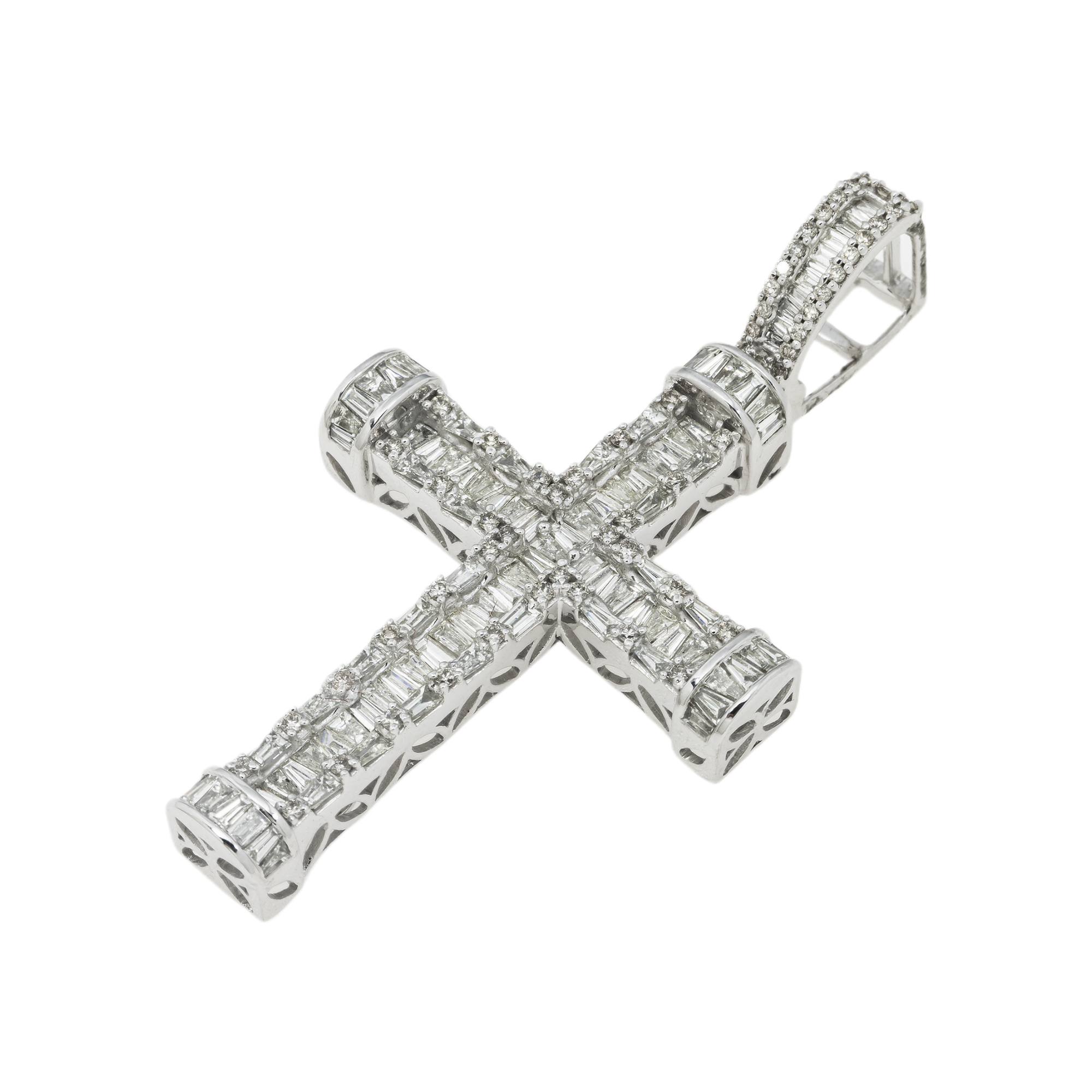 10K GOLD ROUND AND BAGUETTE DIAMOND CROSS PENDANT 3.00 CT
