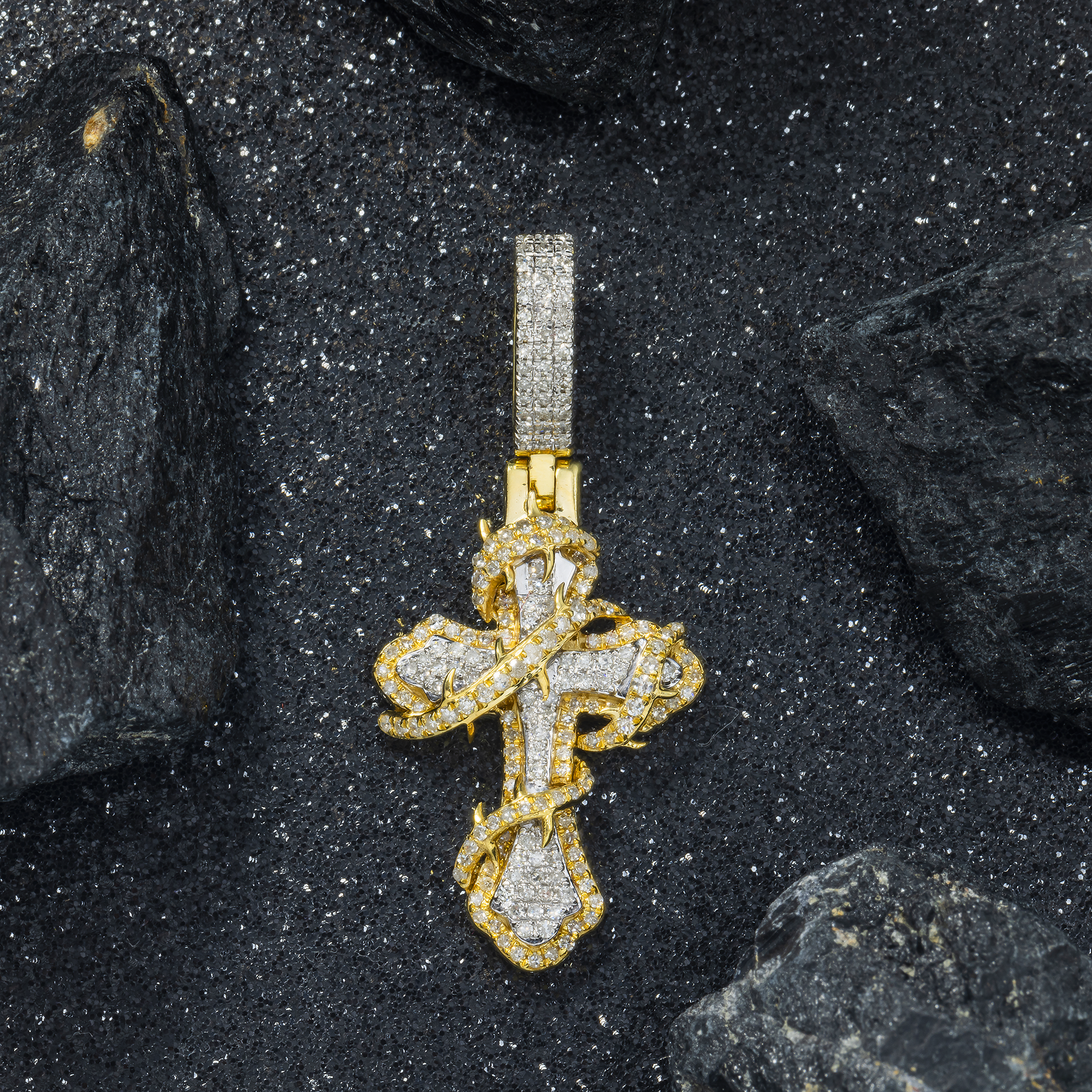10K GOLD DIAMOND MICRO-PAVE FLEUR DE LIS CROSS WITH THORNS PENDANT 0.60 CT