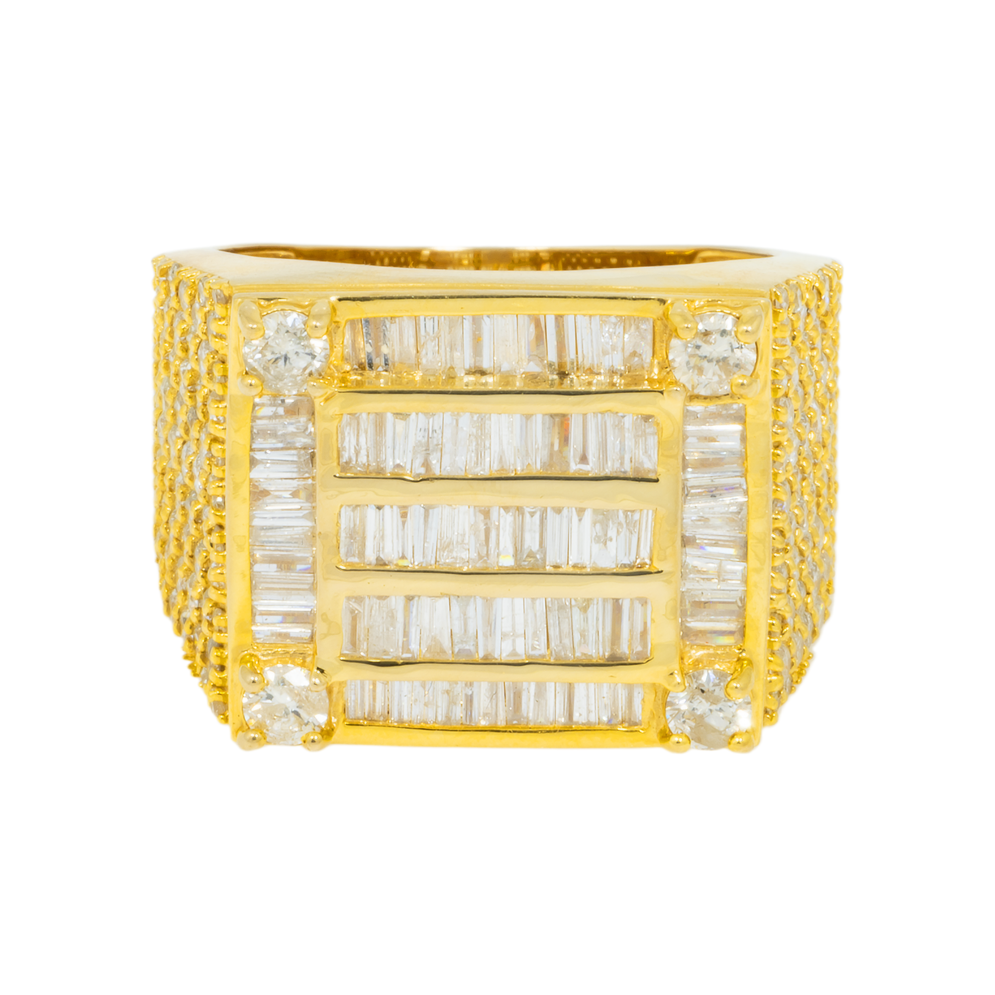 14K GOLD BAGUETTE AND ROUND DIAMOND SQUARE STATEMENT RING 3.90 CT