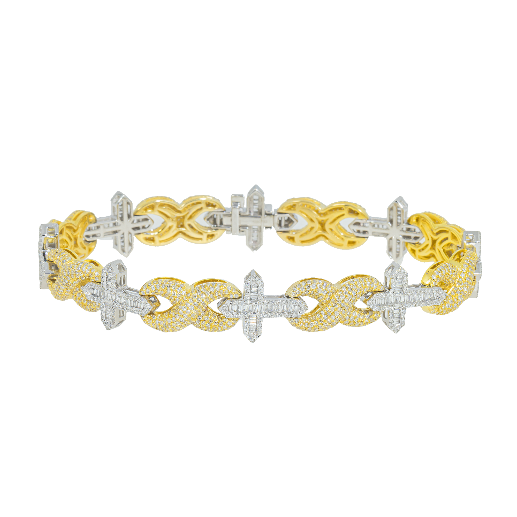 10K GOLD TWO TONE BAGUETTE DIAMOND CROSS INFINITY LINK BRACELET 4.62 CT