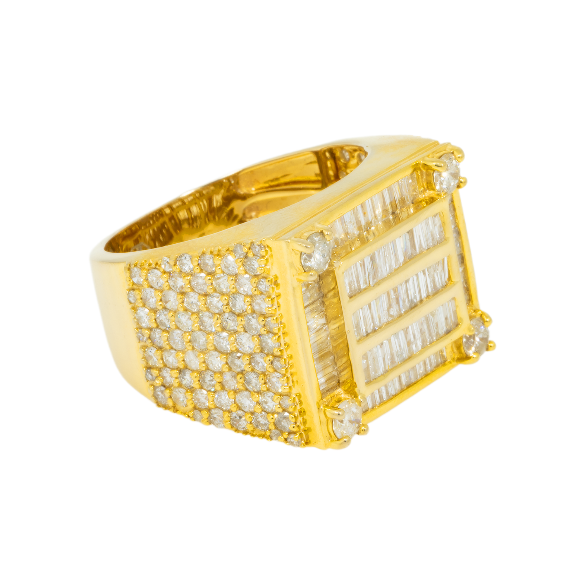 14K GOLD BAGUETTE AND ROUND DIAMOND SQUARE STATEMENT RING 3.90 CT