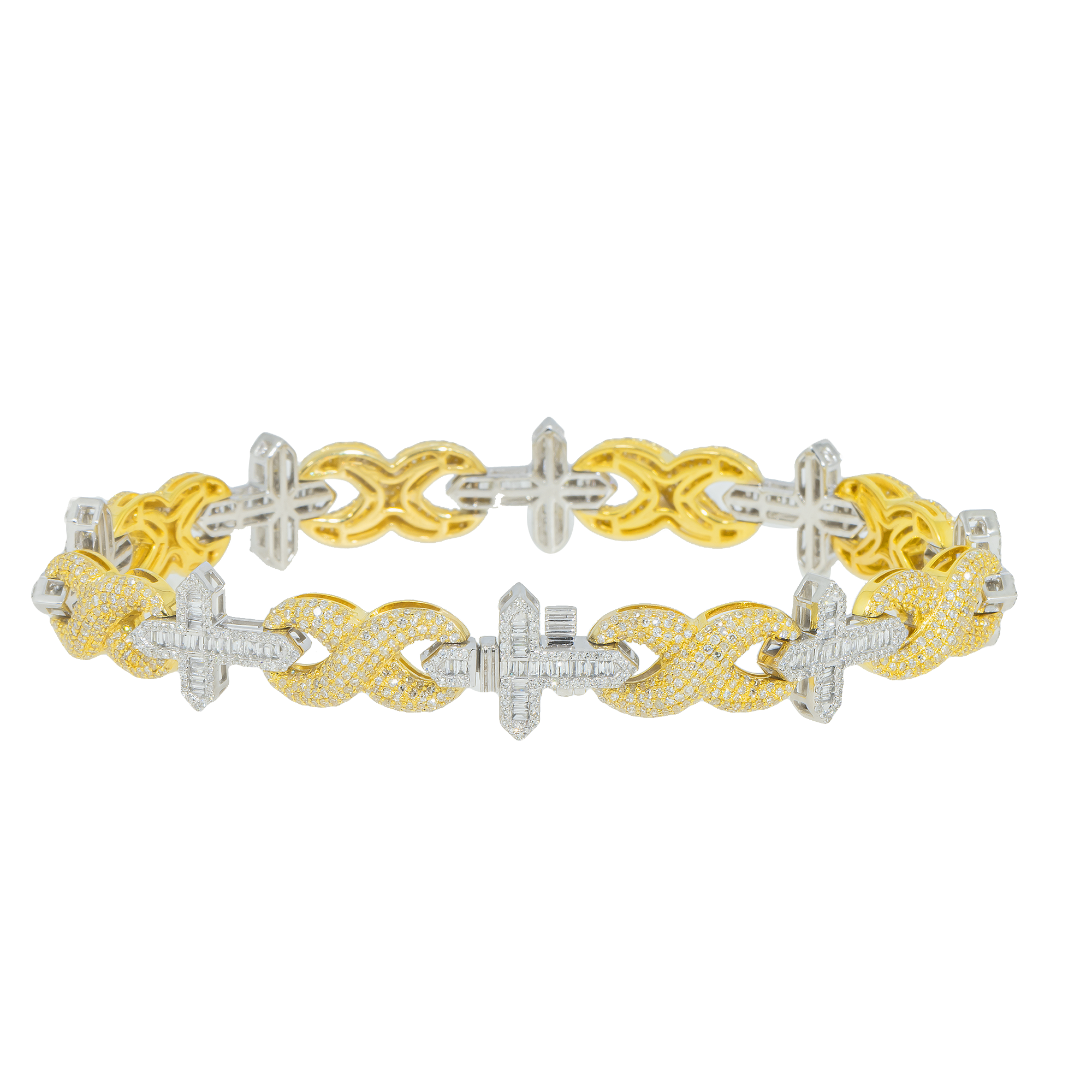 10K GOLD TWO TONE BAGUETTE DIAMOND CROSS INFINITY LINK BRACELET 4.62 CT