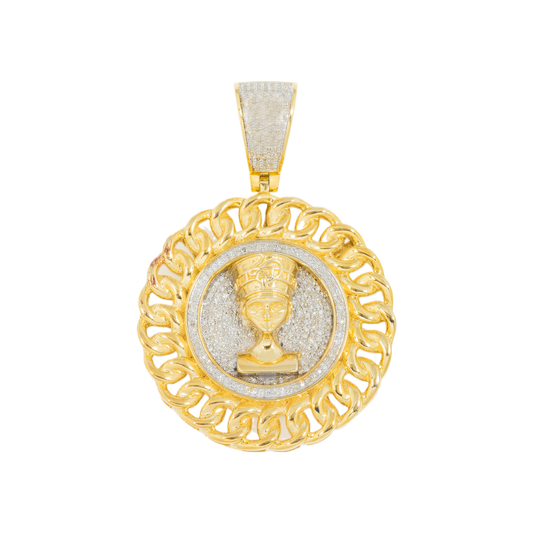 10K GOLD DIAMOND NEFERTITI MEDALLION COIN PENDANT 0.50 CT