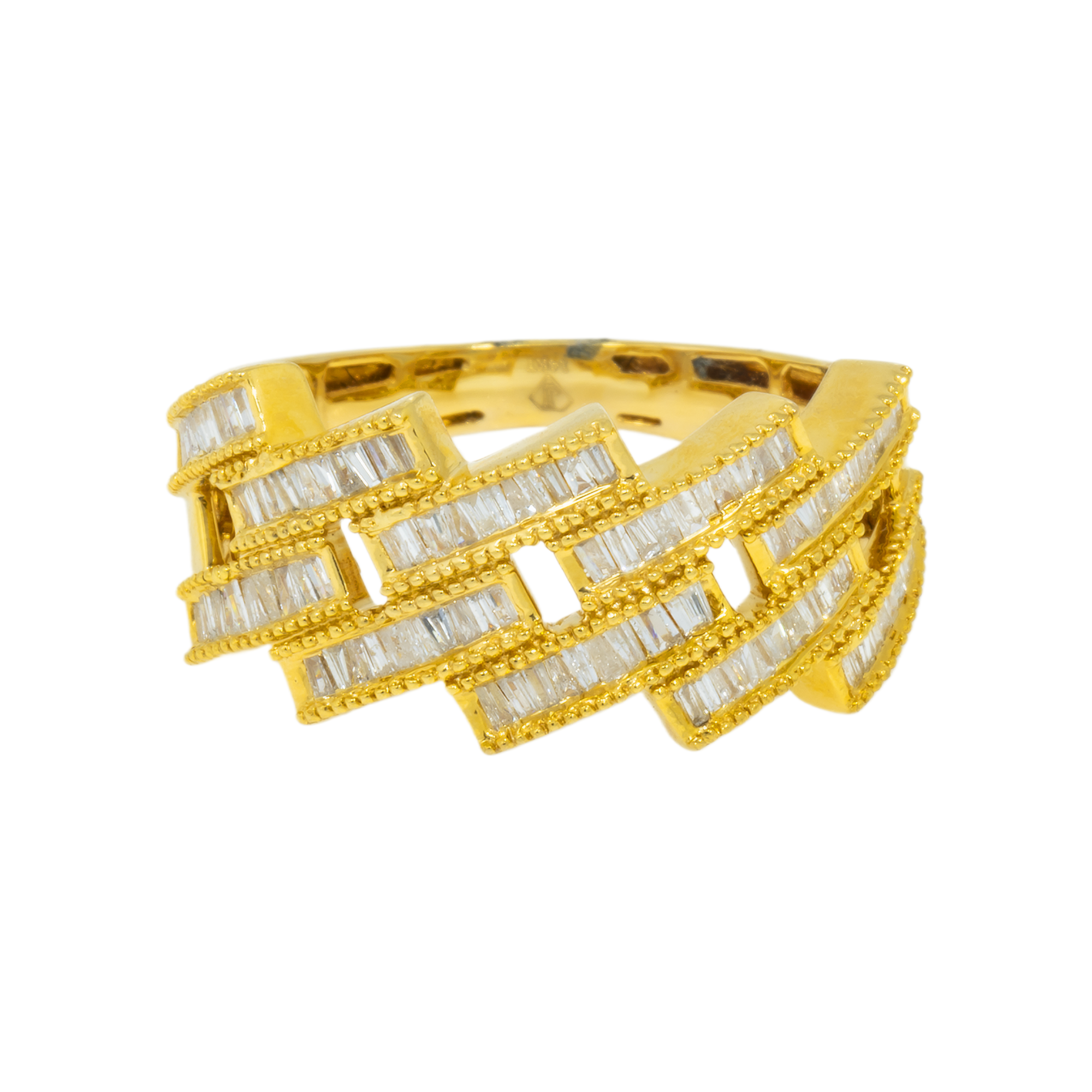 14K GOLD BAGUETTE AND ROUND DIAMOND CUBAN LINK RING 0.90 CT