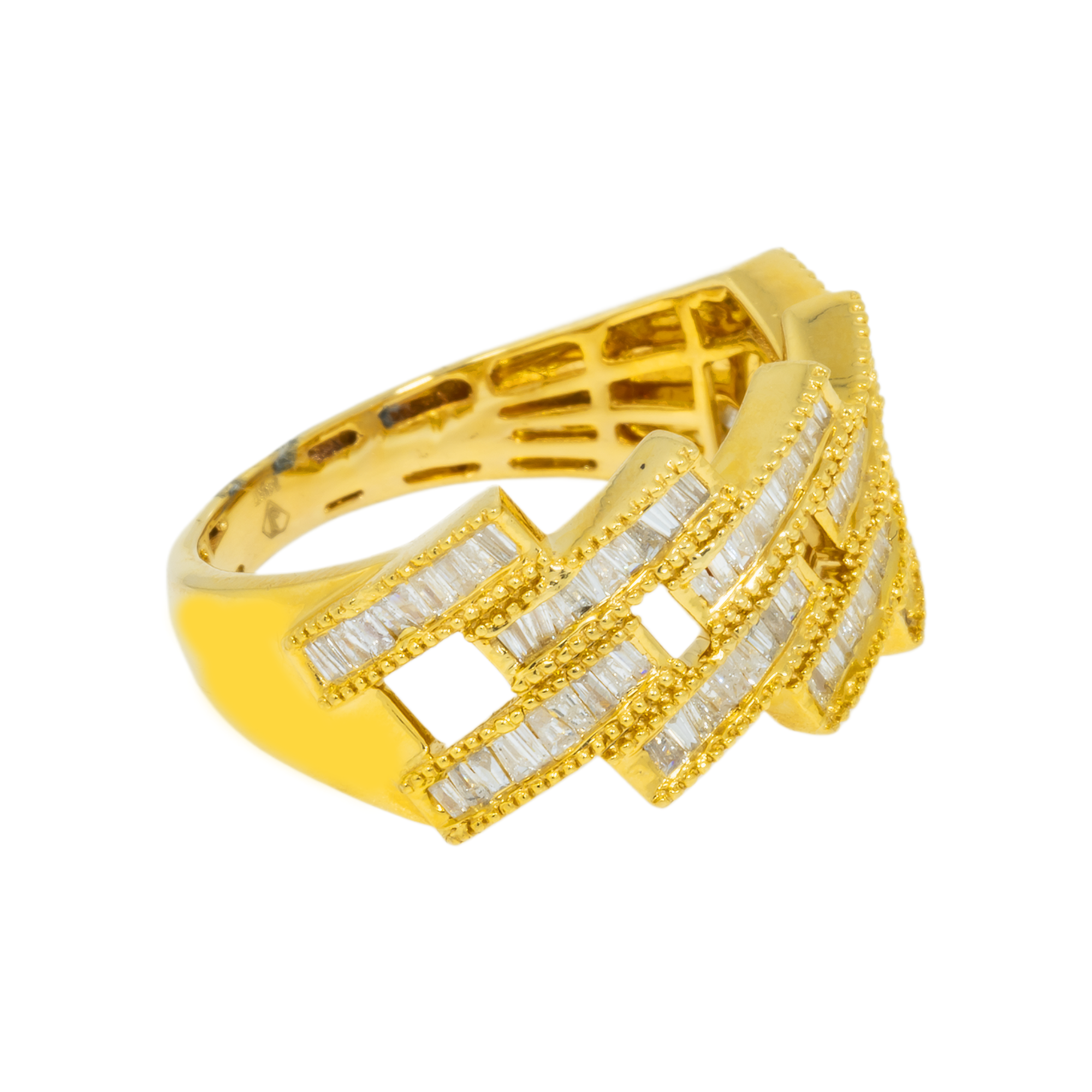 14K GOLD BAGUETTE AND ROUND DIAMOND CUBAN LINK RING 0.90 CT