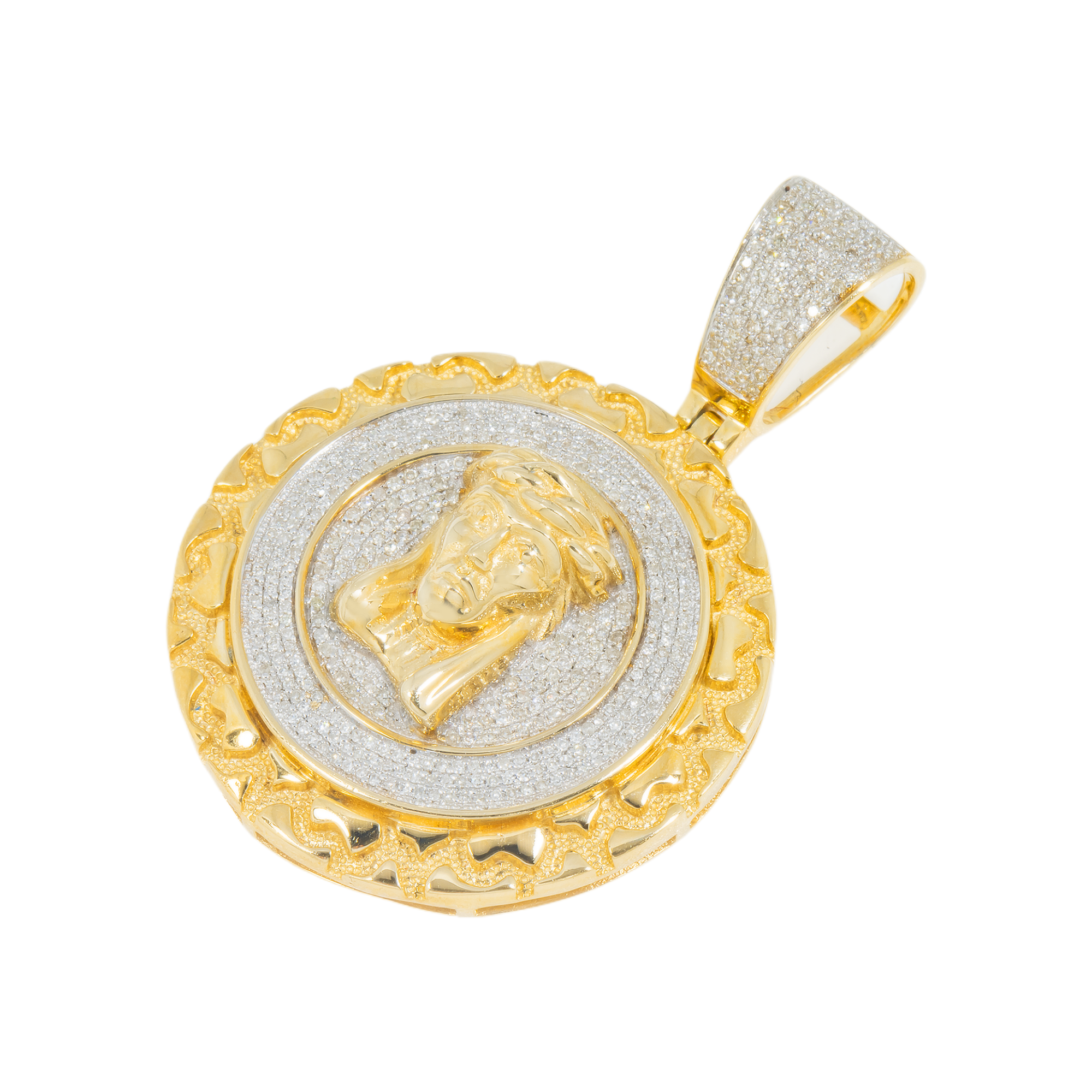 10K GOLD DIAMOND JESUS HEAD MEDALLION COIN PENDANT 0.75 CT
