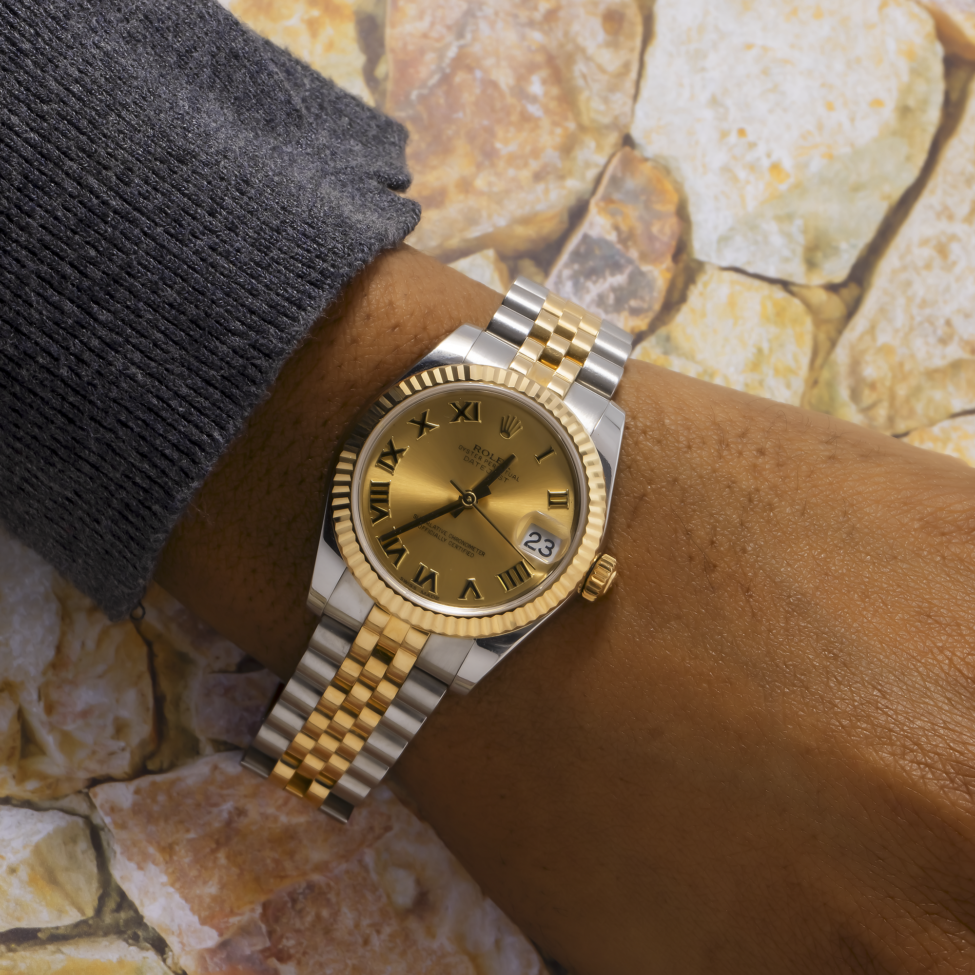 ROLEX DATEJUST 178273 31MM CHAMPAGNE ROMAN NUMERAL DIAL WITH TWO TONE BRACELET