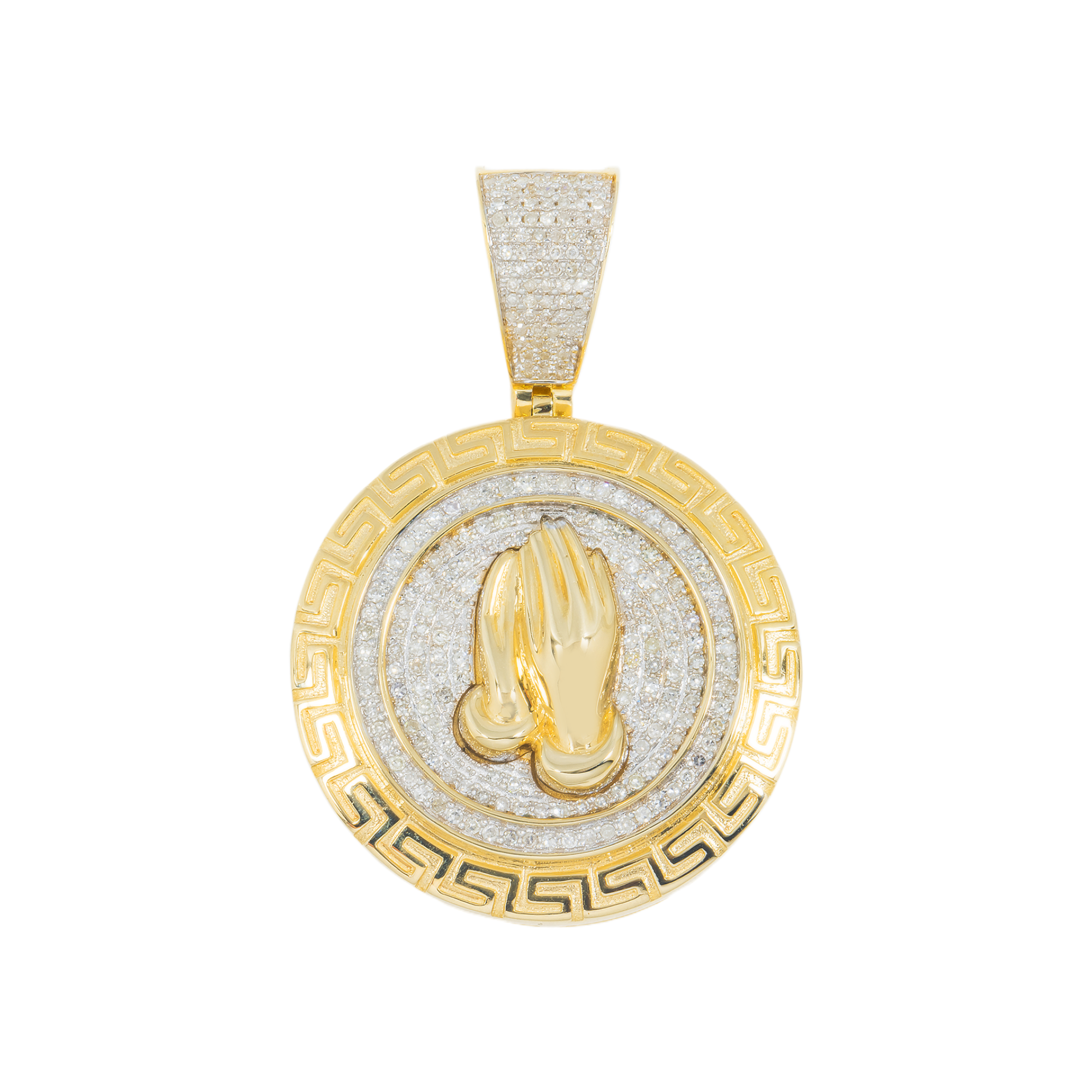 10K GOLD DIAMOND PRAYING HANDS MEDALLION COIN PENDANT 0.65 CT