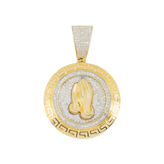 10K GOLD DIAMOND PRAYING HANDS MEDALLION COIN PENDANT 0.65 CT