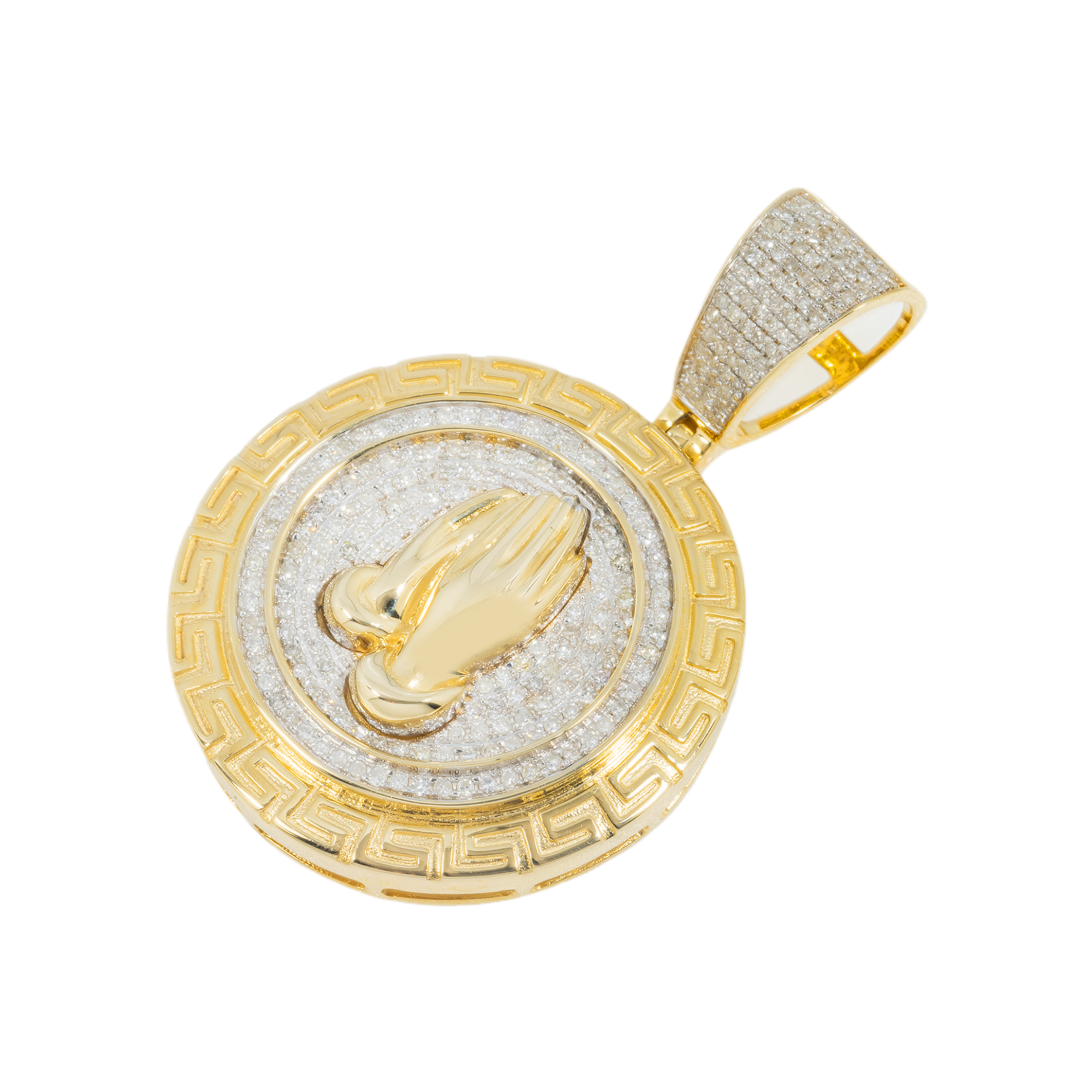 10K GOLD DIAMOND PRAYING HANDS MEDALLION COIN PENDANT 0.65 CT