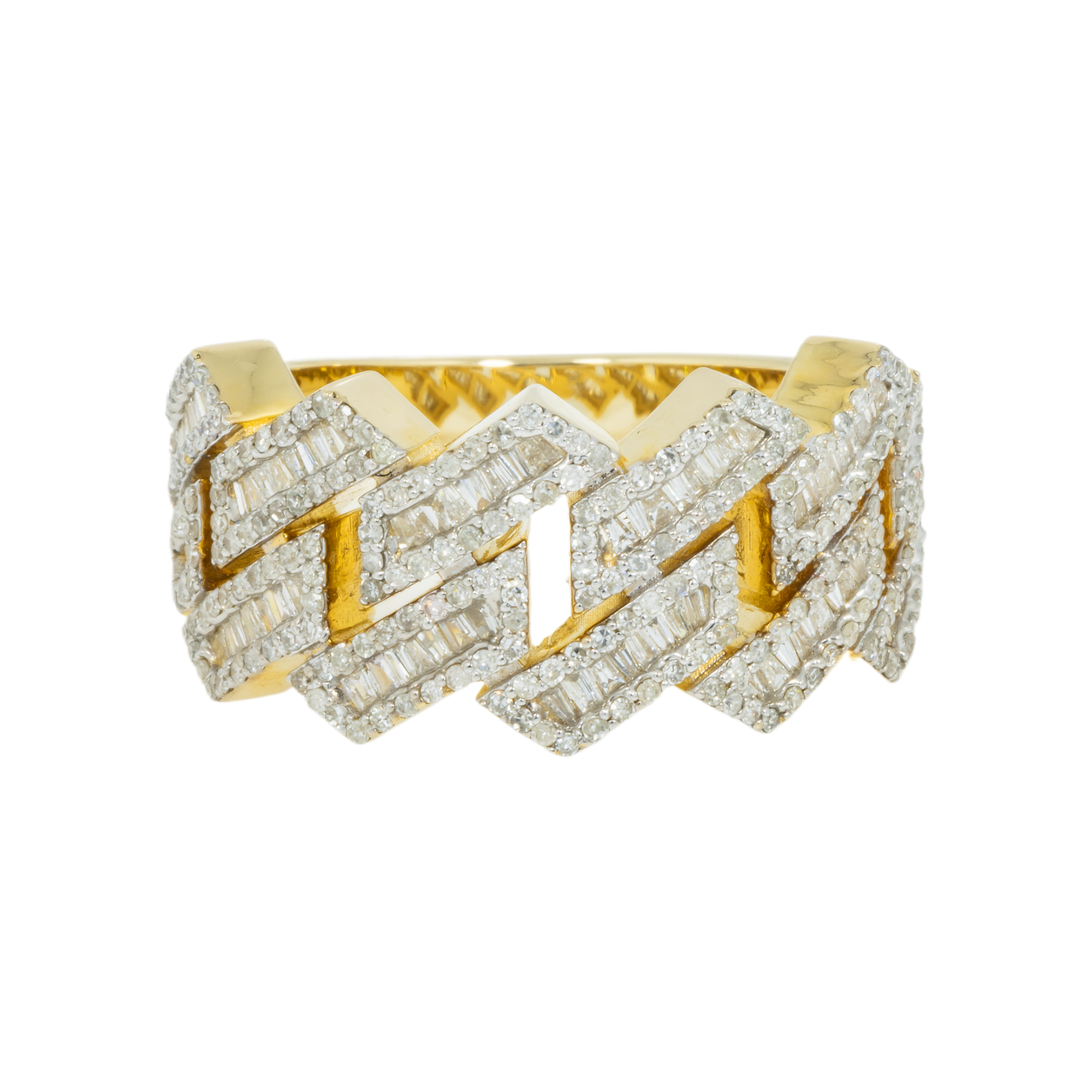 14K GOLD BAGUETTE AND ROUND DIAMOND CUBAN LINK RING 2.20 CT