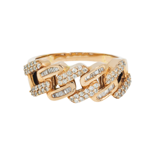 14K GOLD BAGUETTE AND ROUND DIAMOND CUBAN LINK RING 0.55 CT