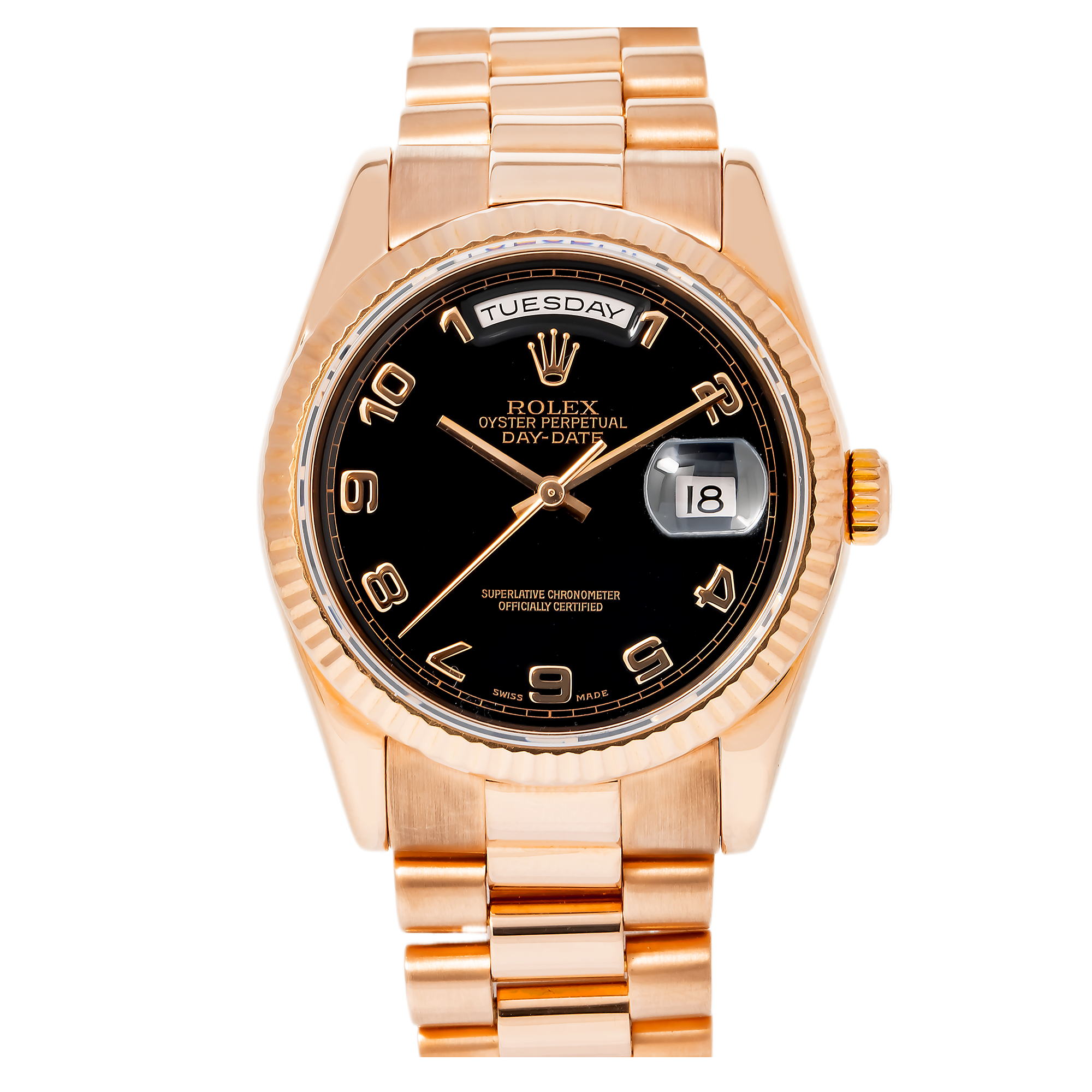 18K ROSE GOLD ROLEX DAY-DATE 118235 36MM WITH BLACK NUMERALS DIAL