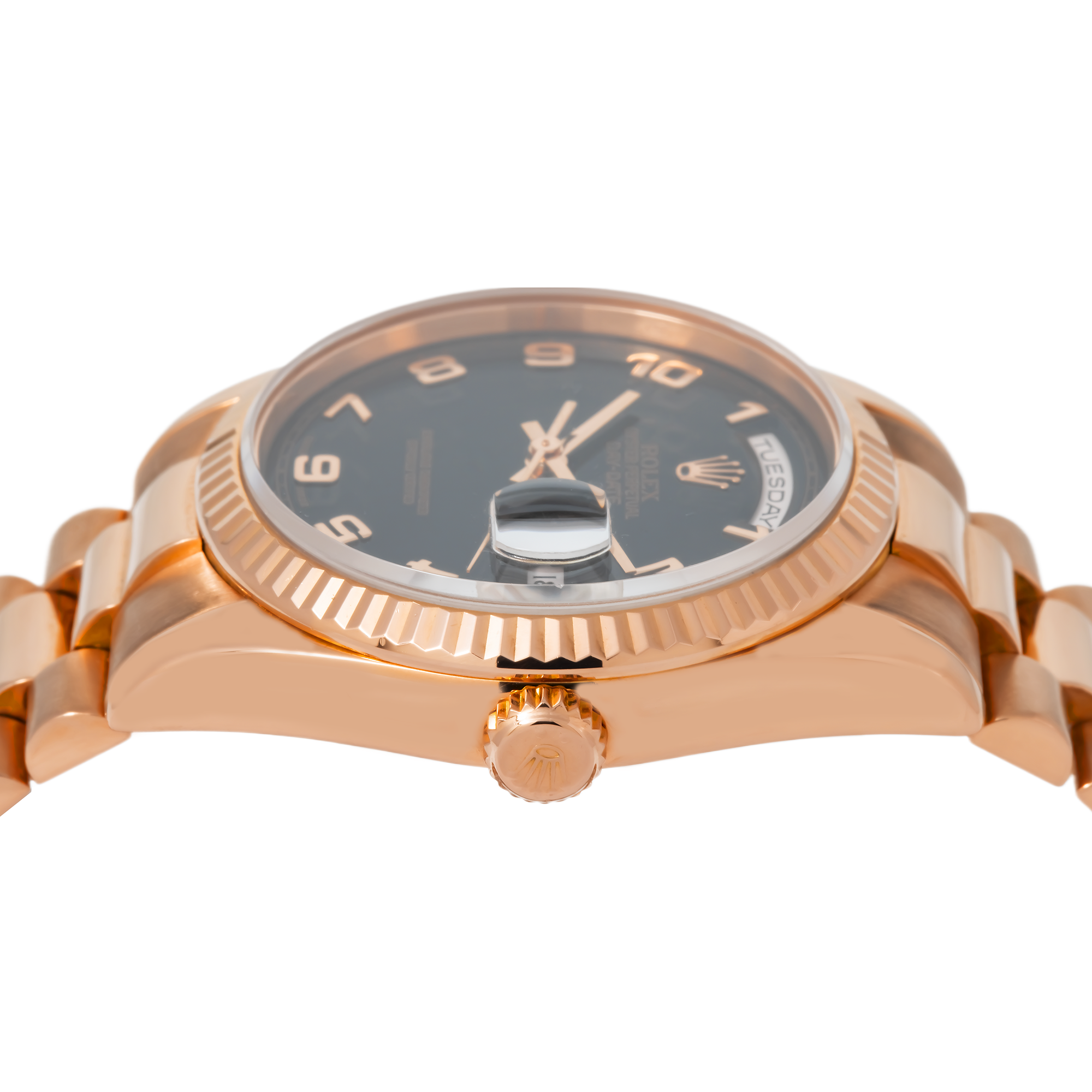 18K ROSE GOLD ROLEX DAY-DATE 118235 36MM WITH BLACK NUMERALS DIAL