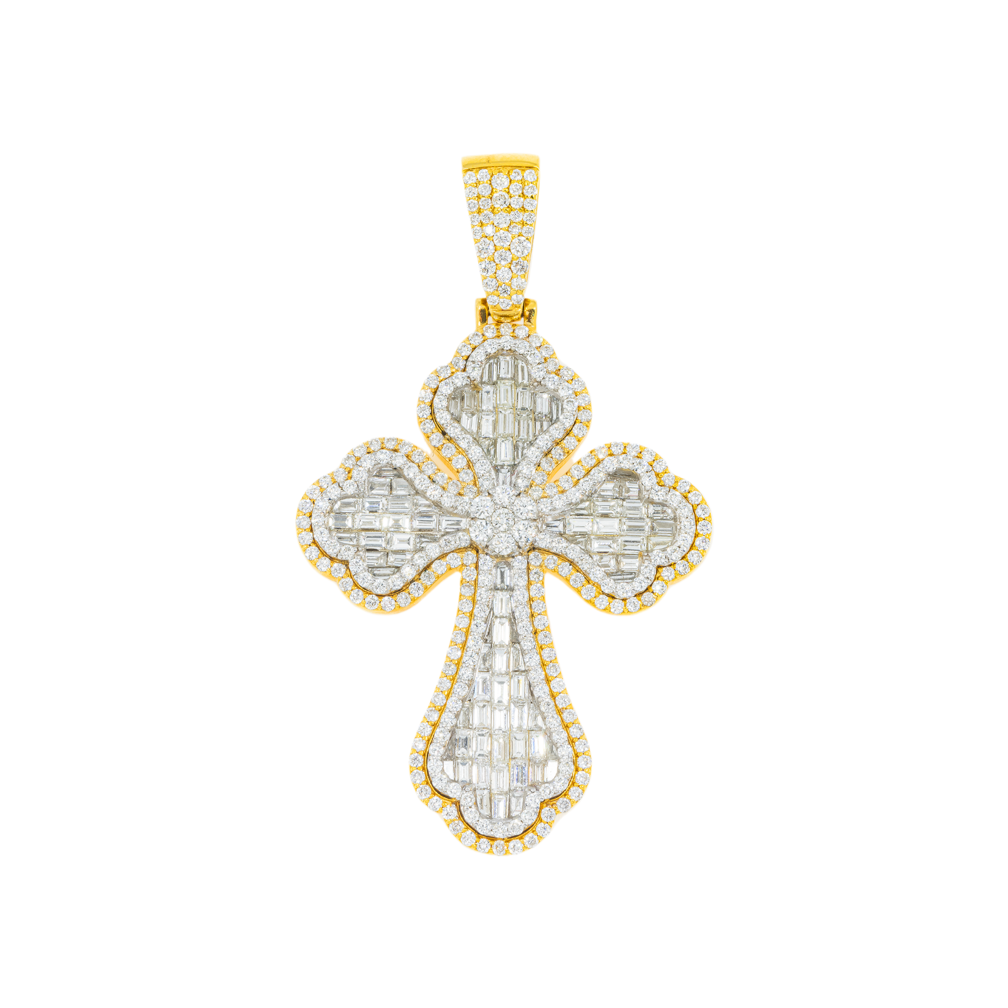 14K GOLD BAGUETTE DIAMOND 3D FLEUR DE LIS CROSS PENDANT 4.90 CT