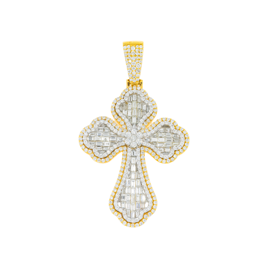 14K GOLD BAGUETTE DIAMOND 3D FLEUR DE LIS CROSS PENDANT 4.90 CT