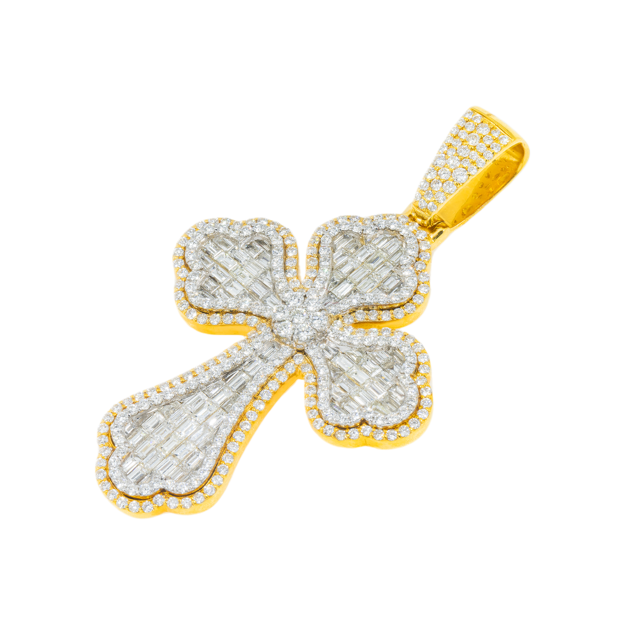 14K GOLD BAGUETTE DIAMOND 3D FLEUR DE LIS CROSS PENDANT 4.90 CT