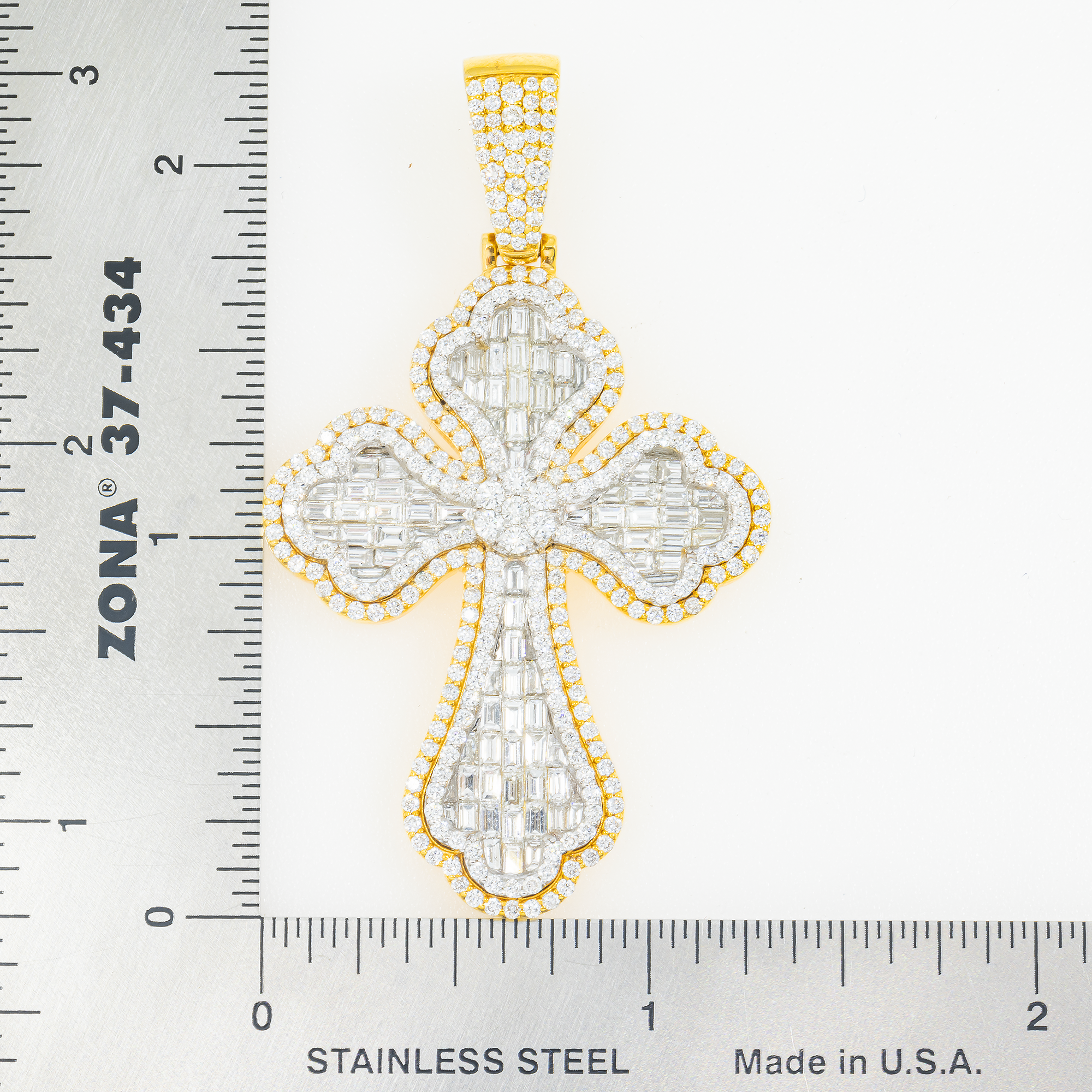 14K GOLD BAGUETTE DIAMOND 3D FLEUR DE LIS CROSS PENDANT 4.90 CT