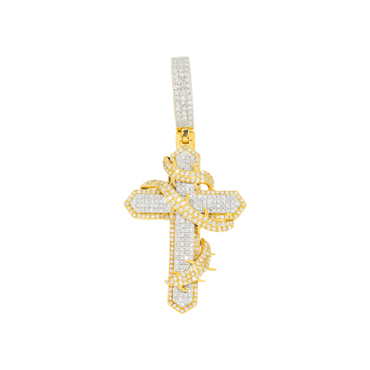10K GOLD DIAMOND MICRO-PAVE FLEUR DE LIS CROSS WITH THORNS PENDANT 1.25 CT