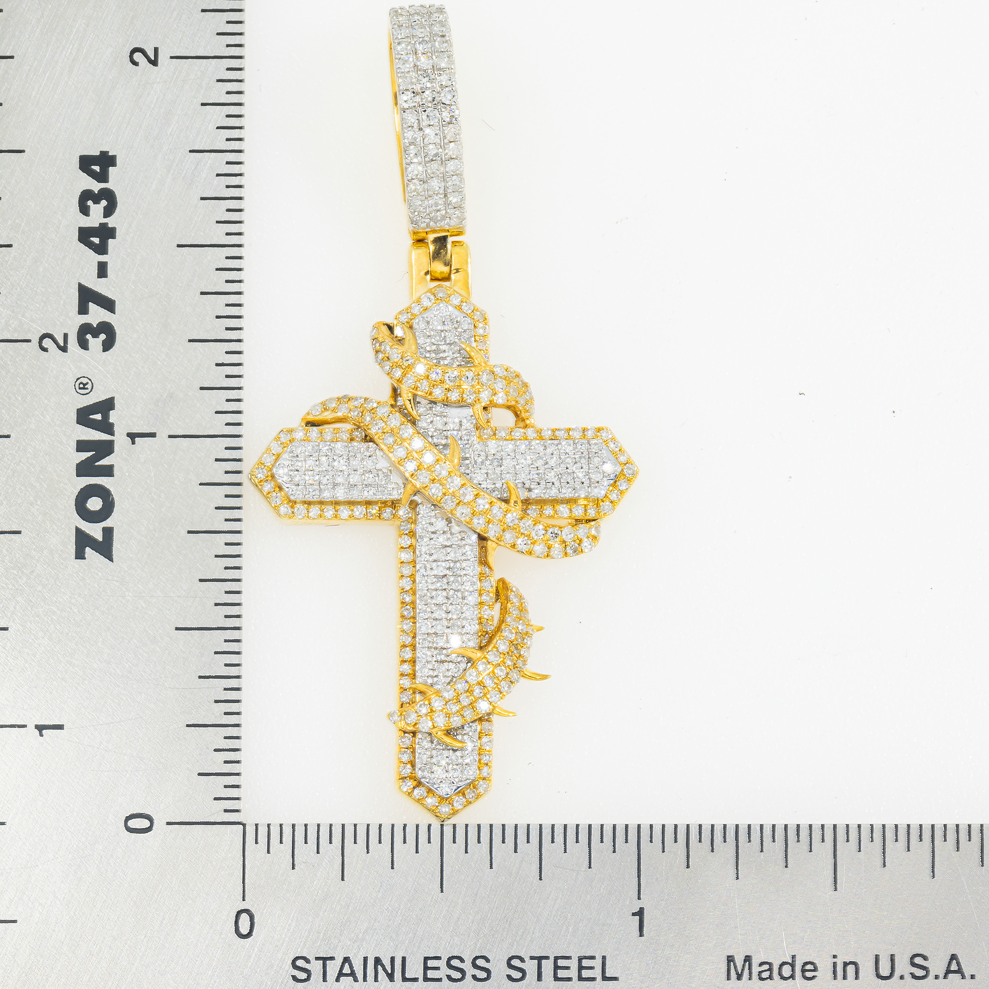 10K GOLD DIAMOND MICRO-PAVE FLEUR DE LIS CROSS WITH THORNS PENDANT 1.25 CT