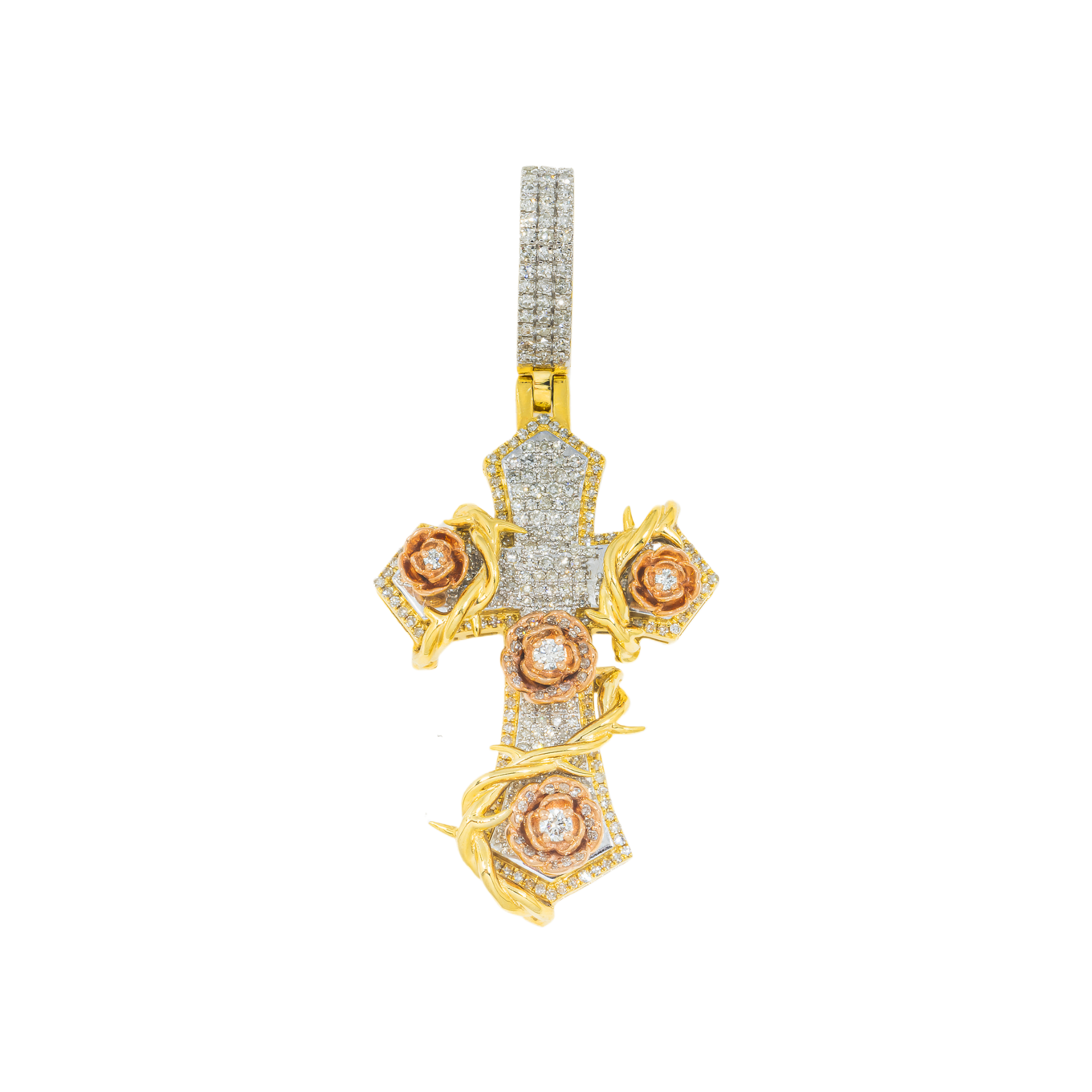 10K GOLD DIAMOND MICRO-PAVE CROSS WITH ROSES PENDANT 1.20 CT