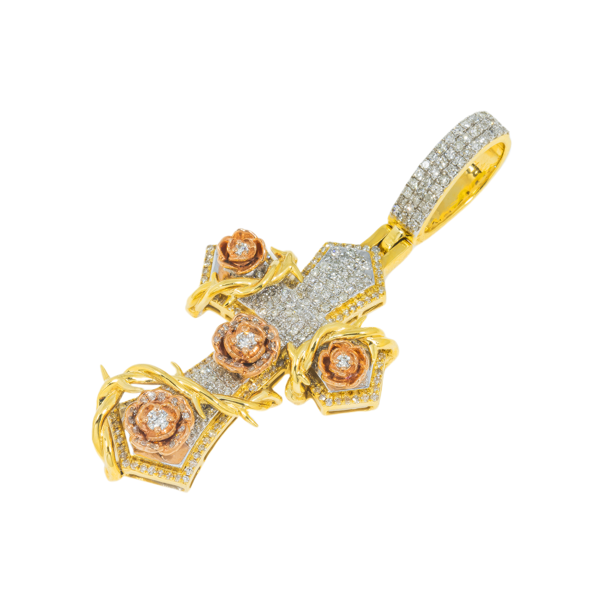 10K GOLD DIAMOND MICRO-PAVE CROSS WITH ROSES PENDANT 1.20 CT