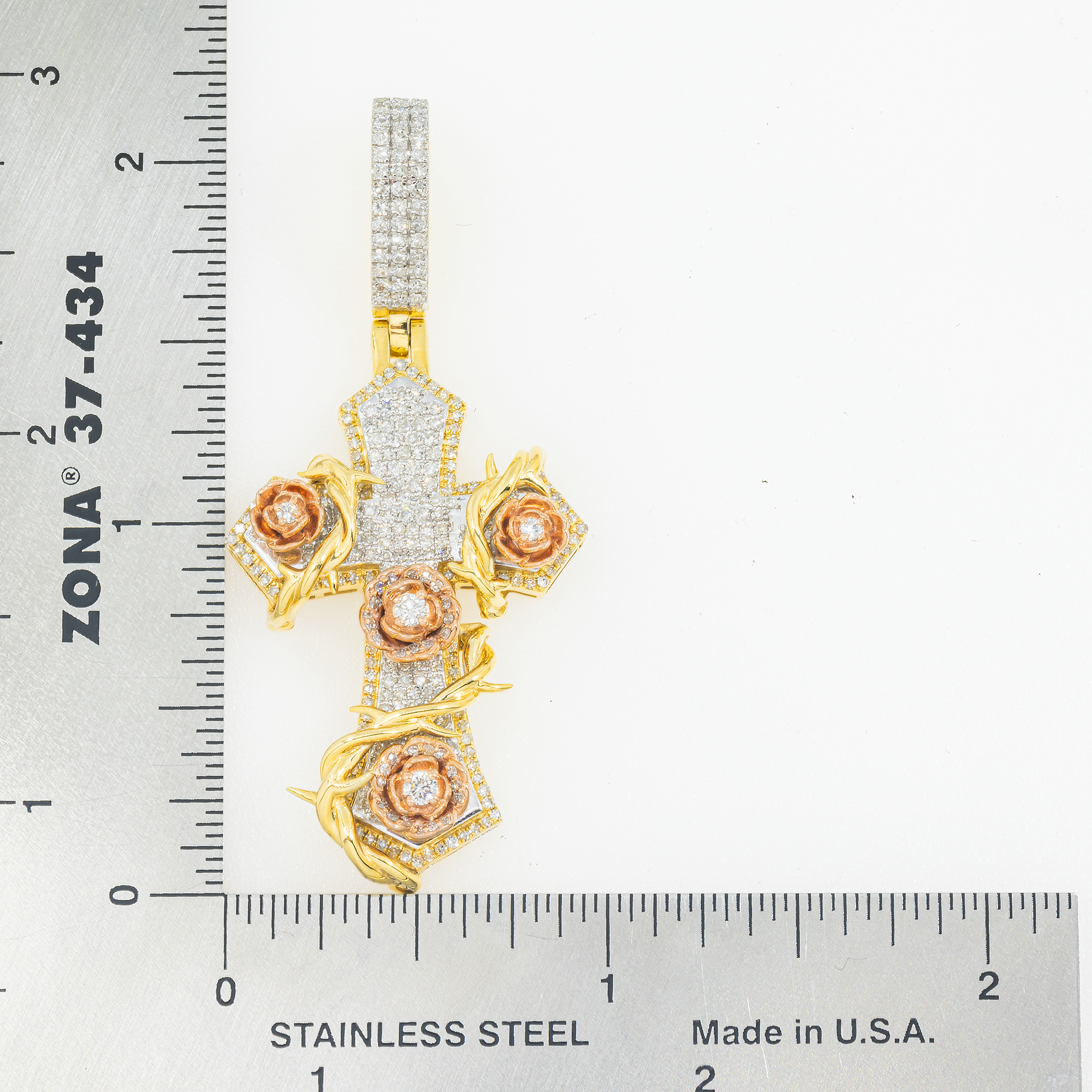 10K GOLD DIAMOND MICRO-PAVE CROSS WITH ROSES PENDANT 1.20 CT