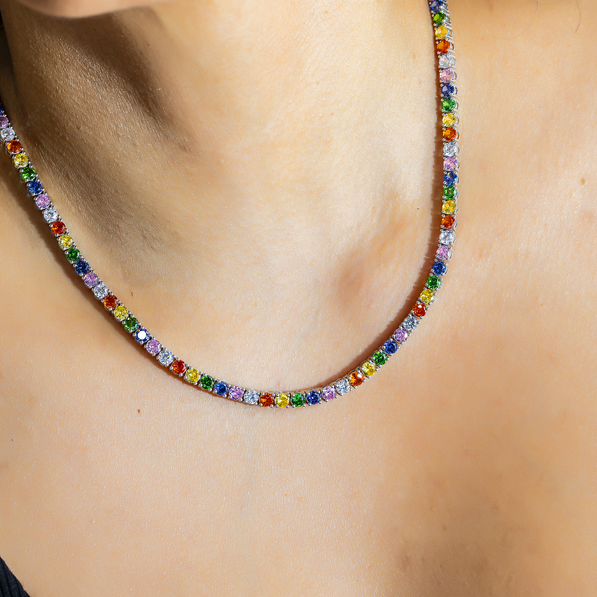 14K GOLD MULTICOLOR CZ SAPPHIRE TENNIS CHAIN 51.04 CTW