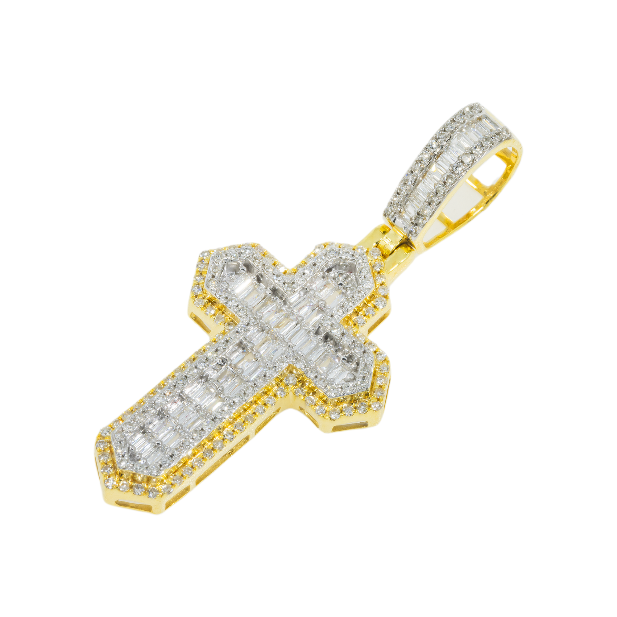 14K GOLD TWO TONE BAGUETTE AND ROUND DIAMOND CROSS PENDANT 0.80 CT