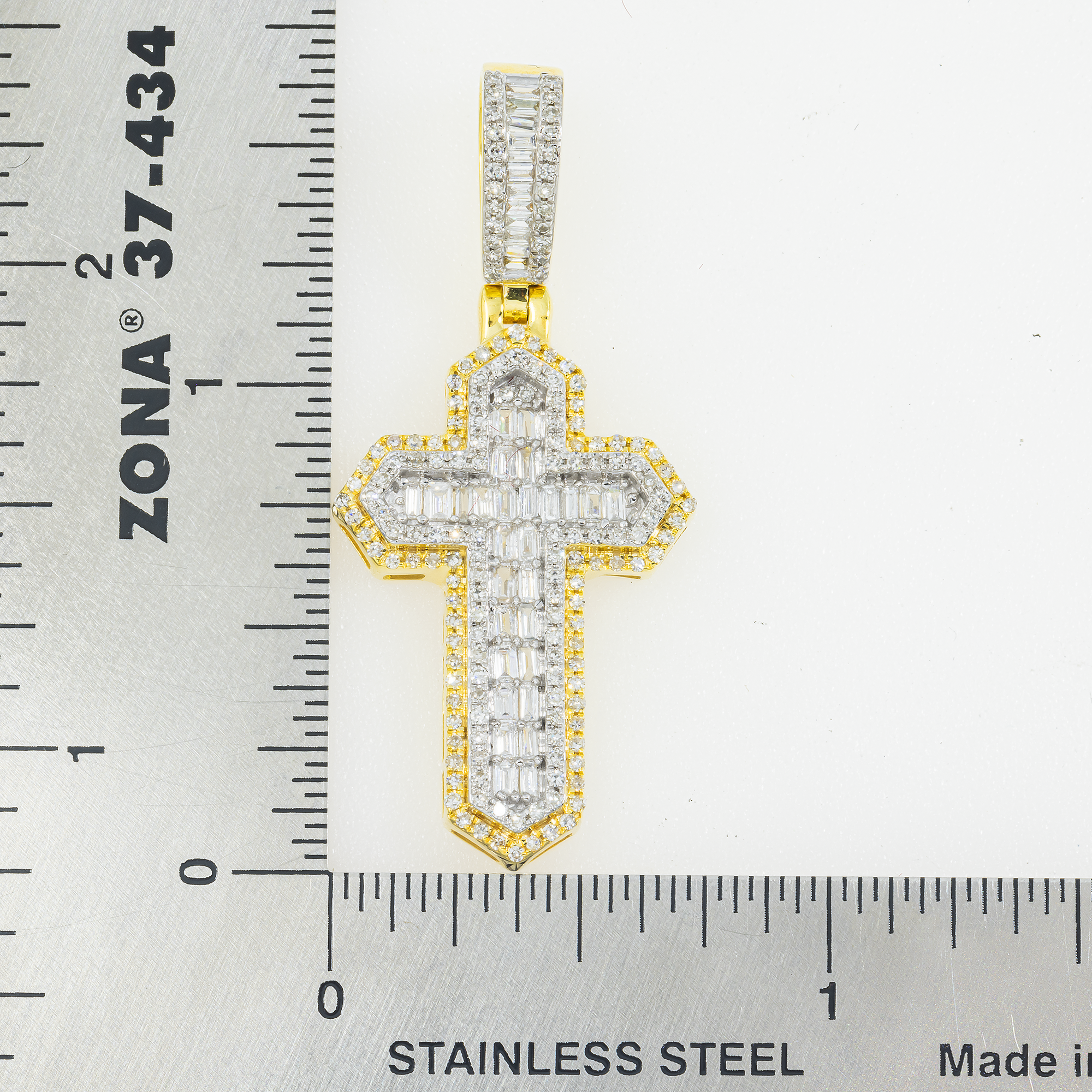 14K GOLD TWO TONE BAGUETTE AND ROUND DIAMOND CROSS PENDANT 0.80 CT