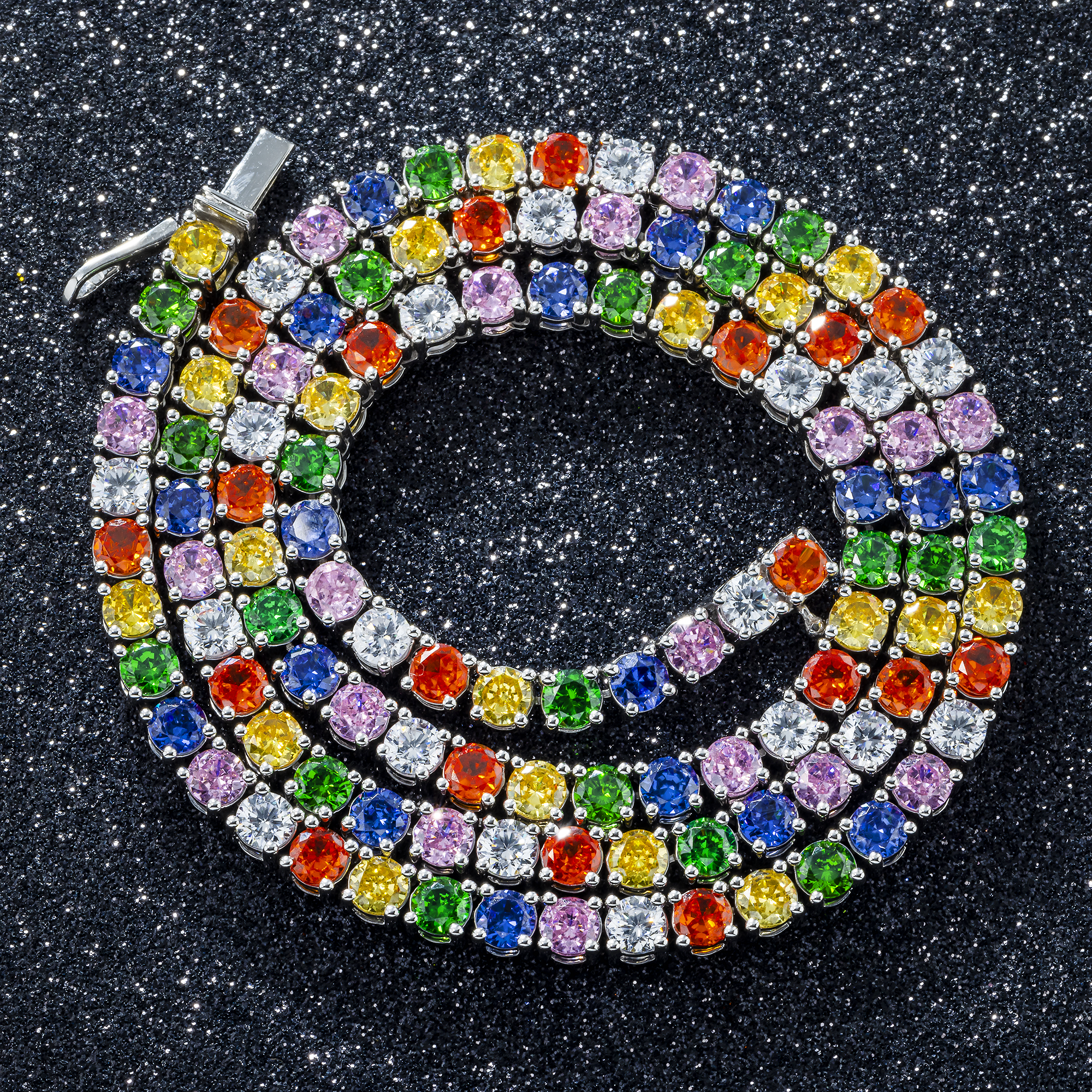 14K GOLD MULTICOLOR CZ SAPPHIRE TENNIS CHAIN 51.04 CTW