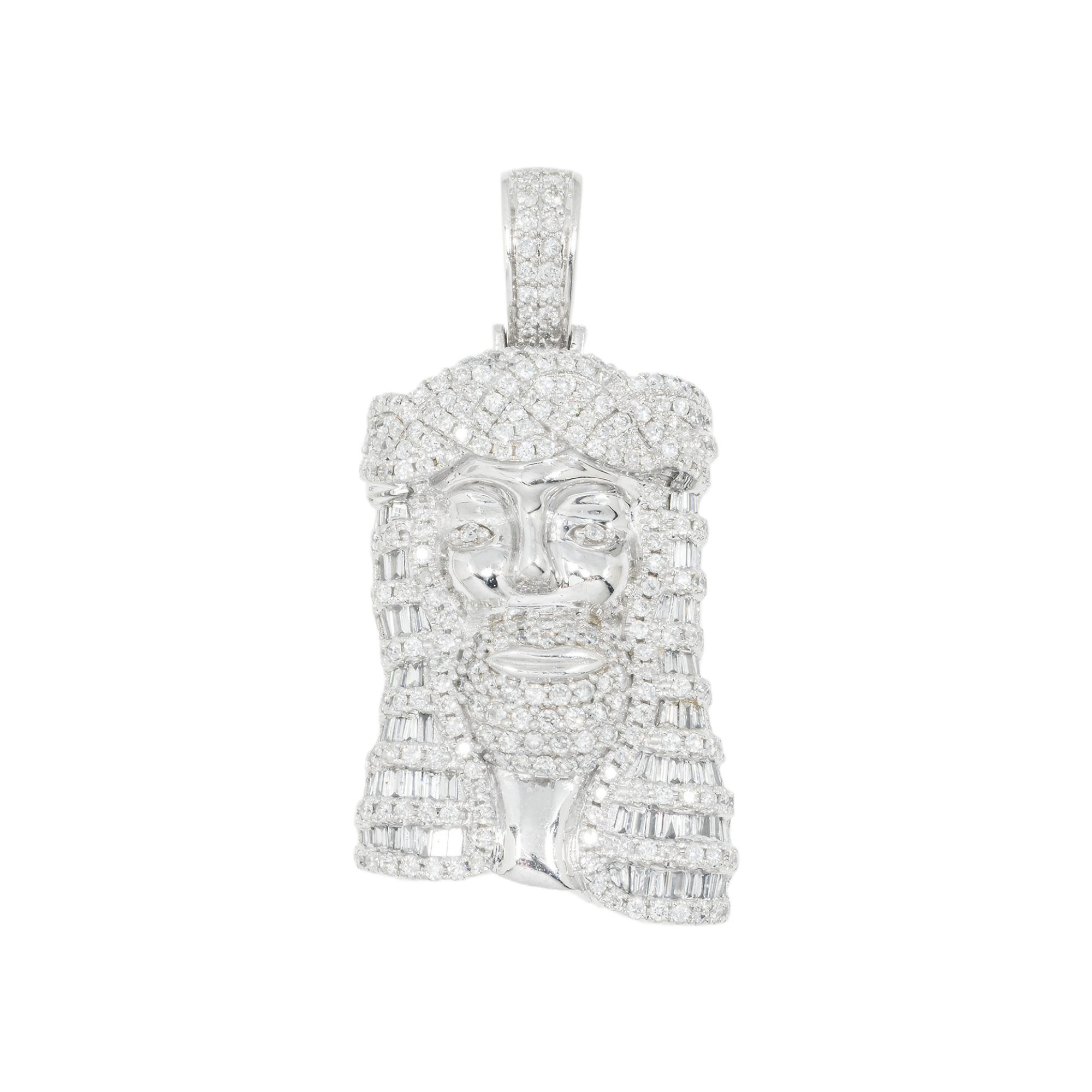 14K GOLD ROUND AND BAGUETTE DIAMOND JESUS HEAD PENDANT 2.50 CT