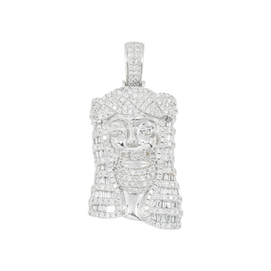 14K GOLD ROUND AND BAGUETTE DIAMOND JESUS HEAD PENDANT 2.50 CT