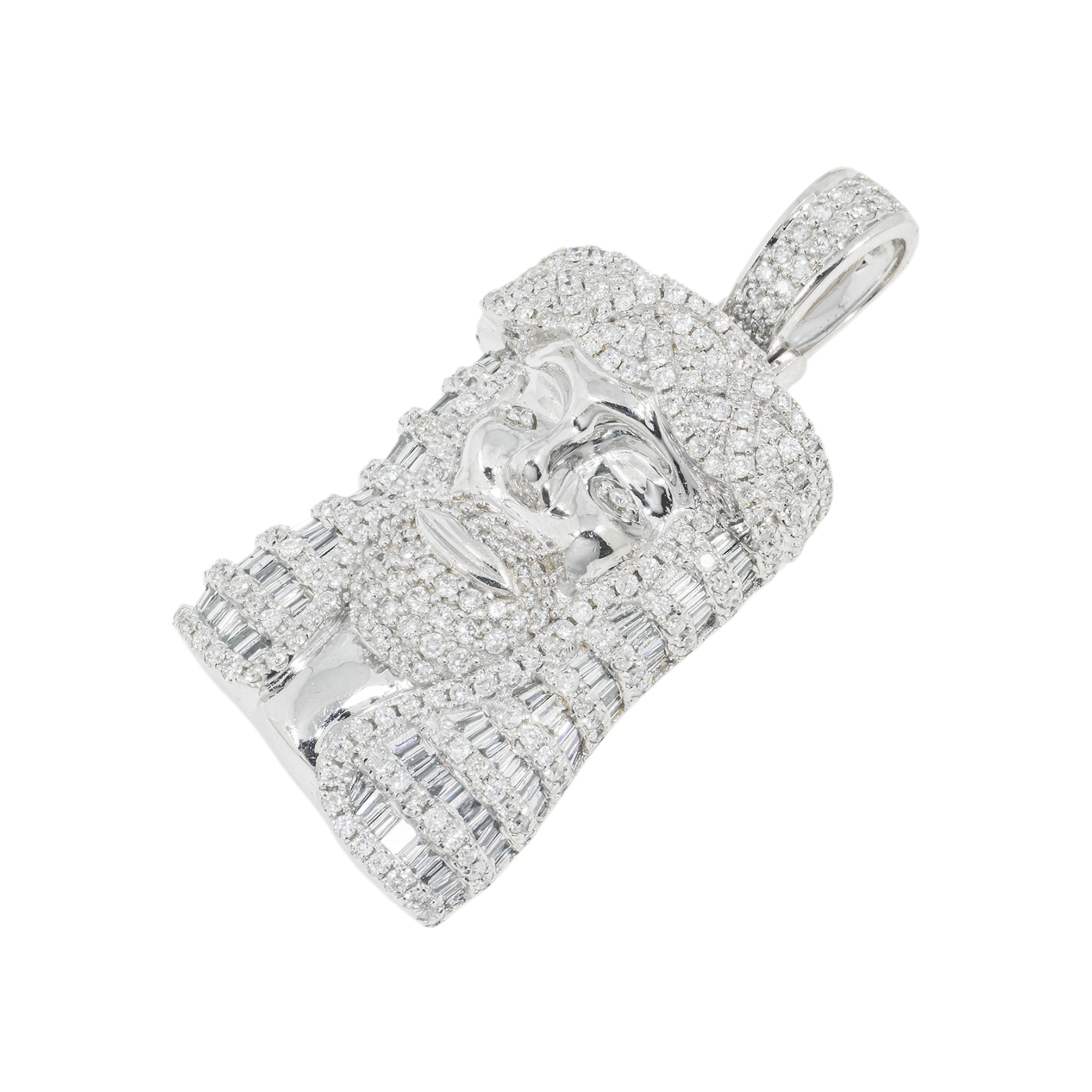 14K GOLD ROUND AND BAGUETTE DIAMOND JESUS HEAD PENDANT 2.50 CT