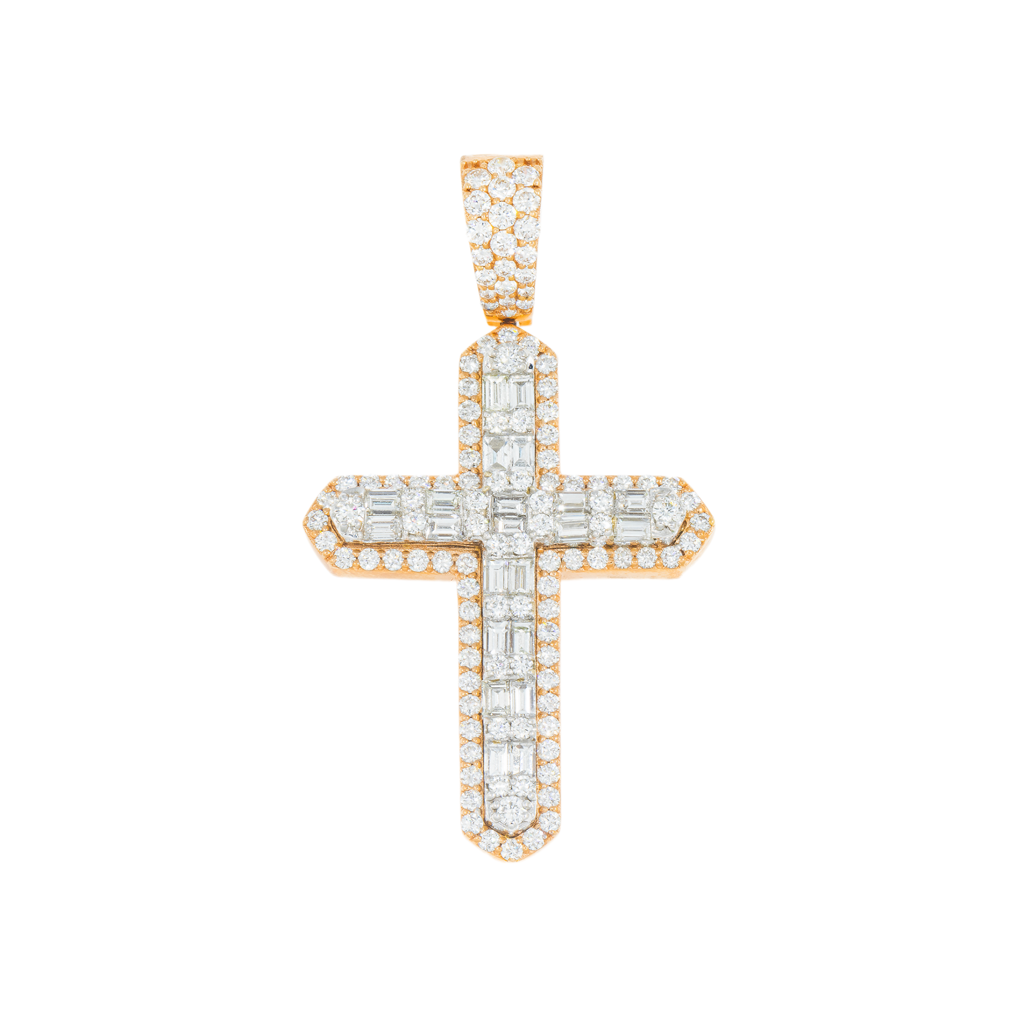 14K GOLD BAGUETTE DIAMOND 3D CROSS PENDANT 3.20 CT