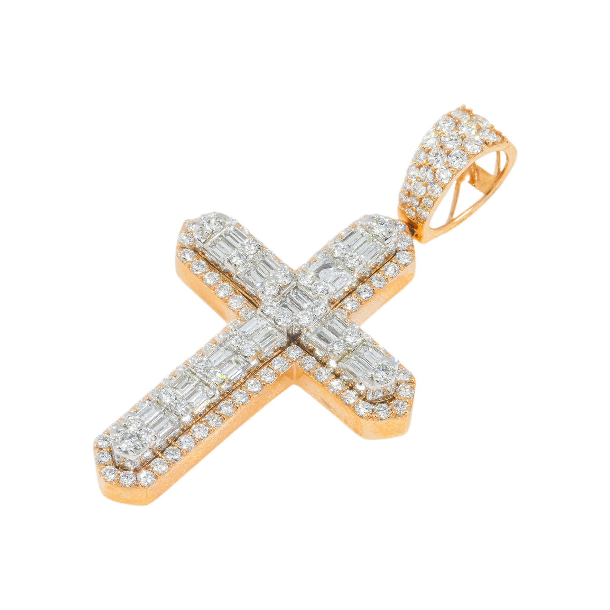 14K GOLD BAGUETTE DIAMOND 3D CROSS PENDANT 3.20 CT