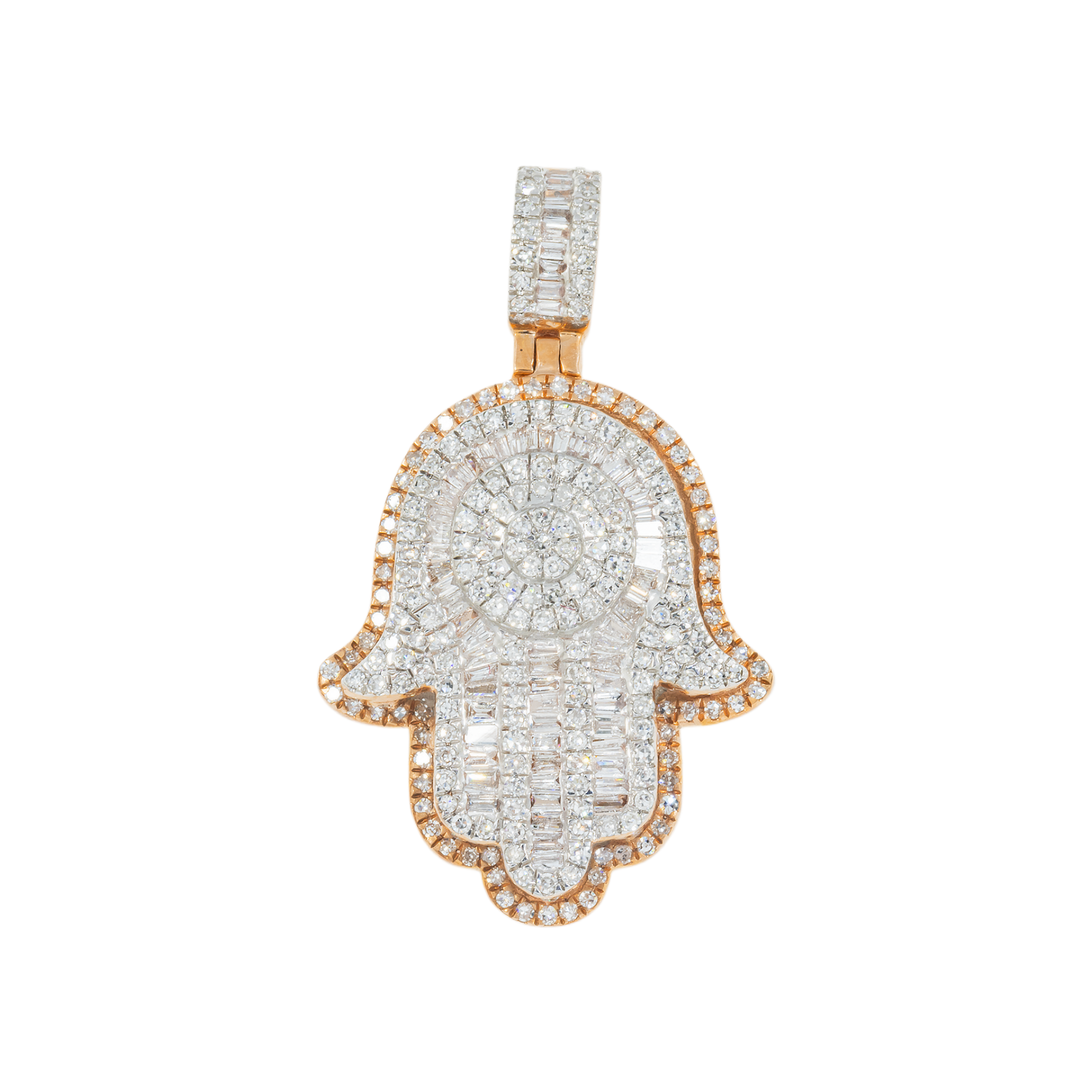 14K GOLD BAGUETTE AND ROUND DIAMOND CLUSTER HAMSA PENDANT 1.00 CT