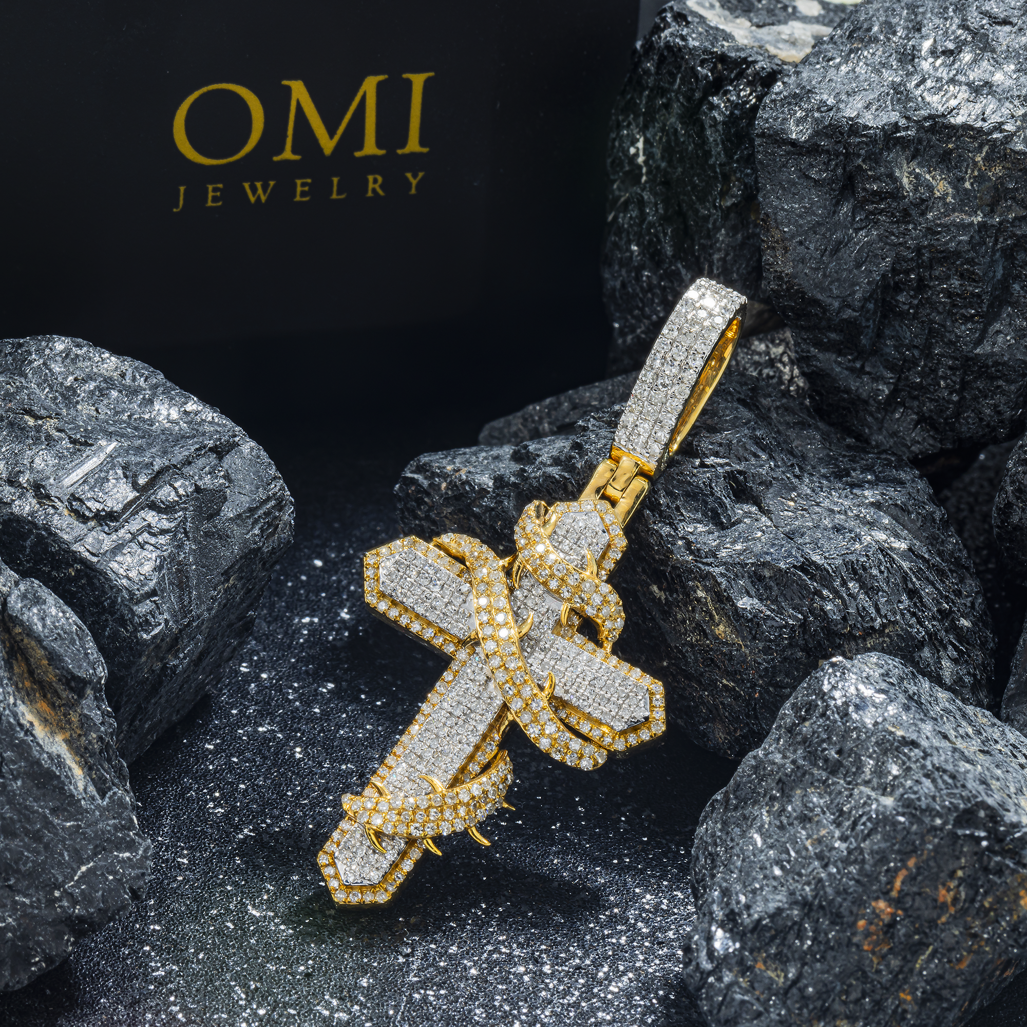 10K GOLD DIAMOND MICRO-PAVE FLEUR DE LIS CROSS WITH THORNS PENDANT 1.25 CT