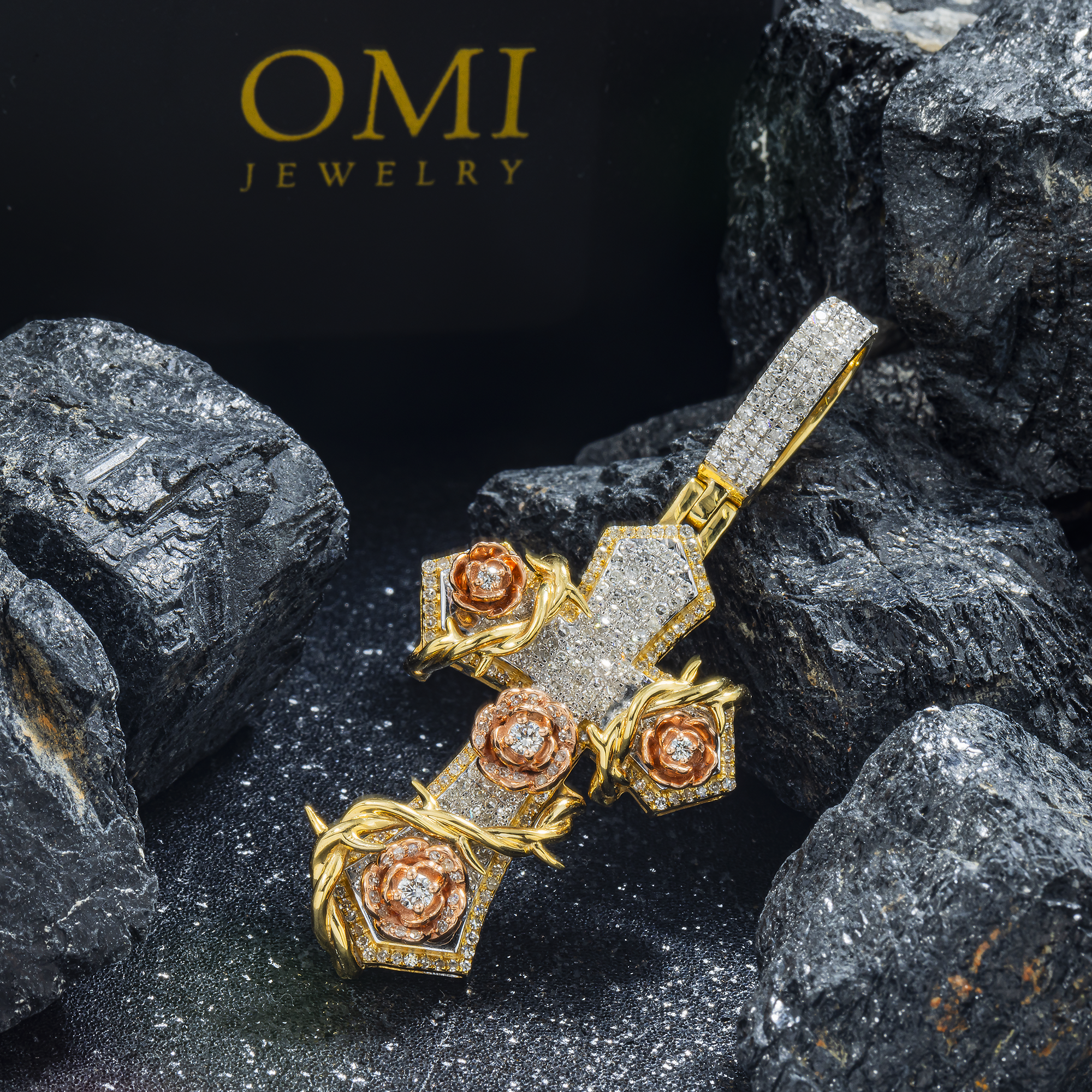 10K GOLD DIAMOND MICRO-PAVE CROSS WITH ROSES PENDANT 1.20 CT