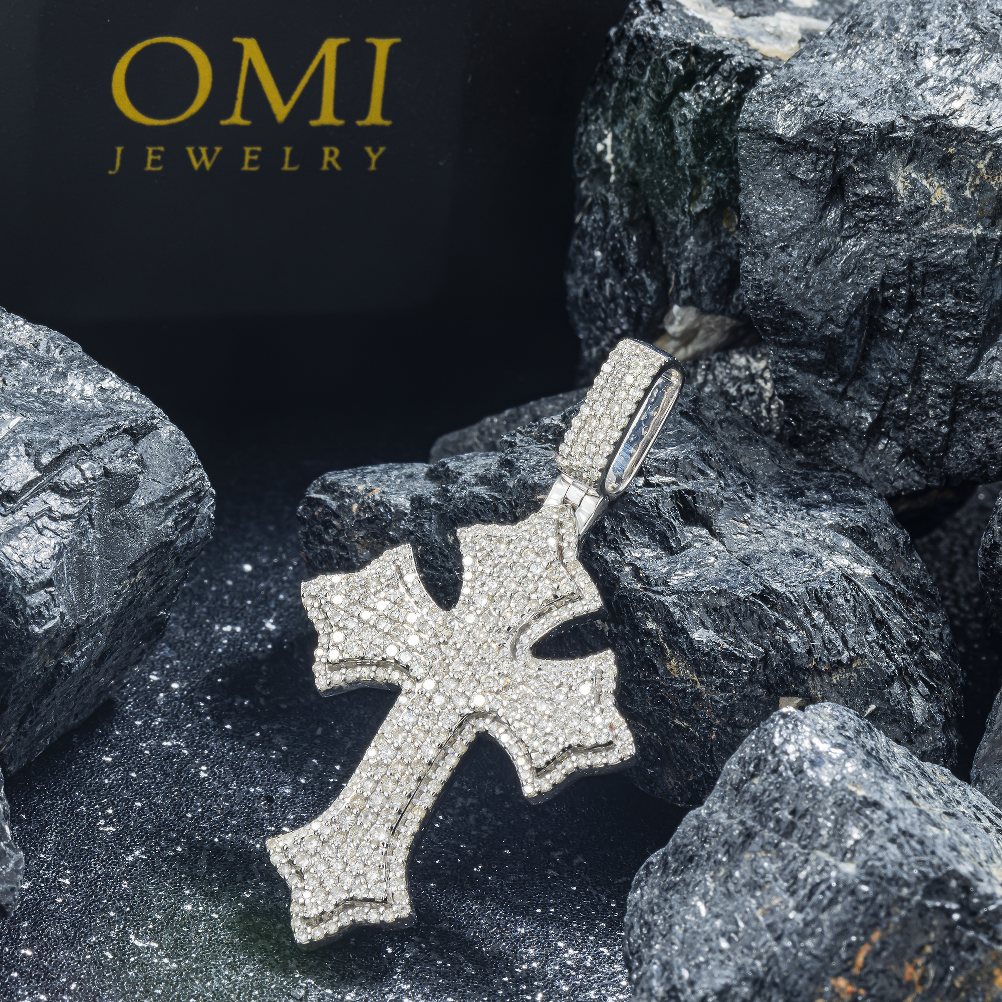 14K GOLD PAVE DIAMOND FLEUR DE LIS CROSS PENDANT 1.40 CT