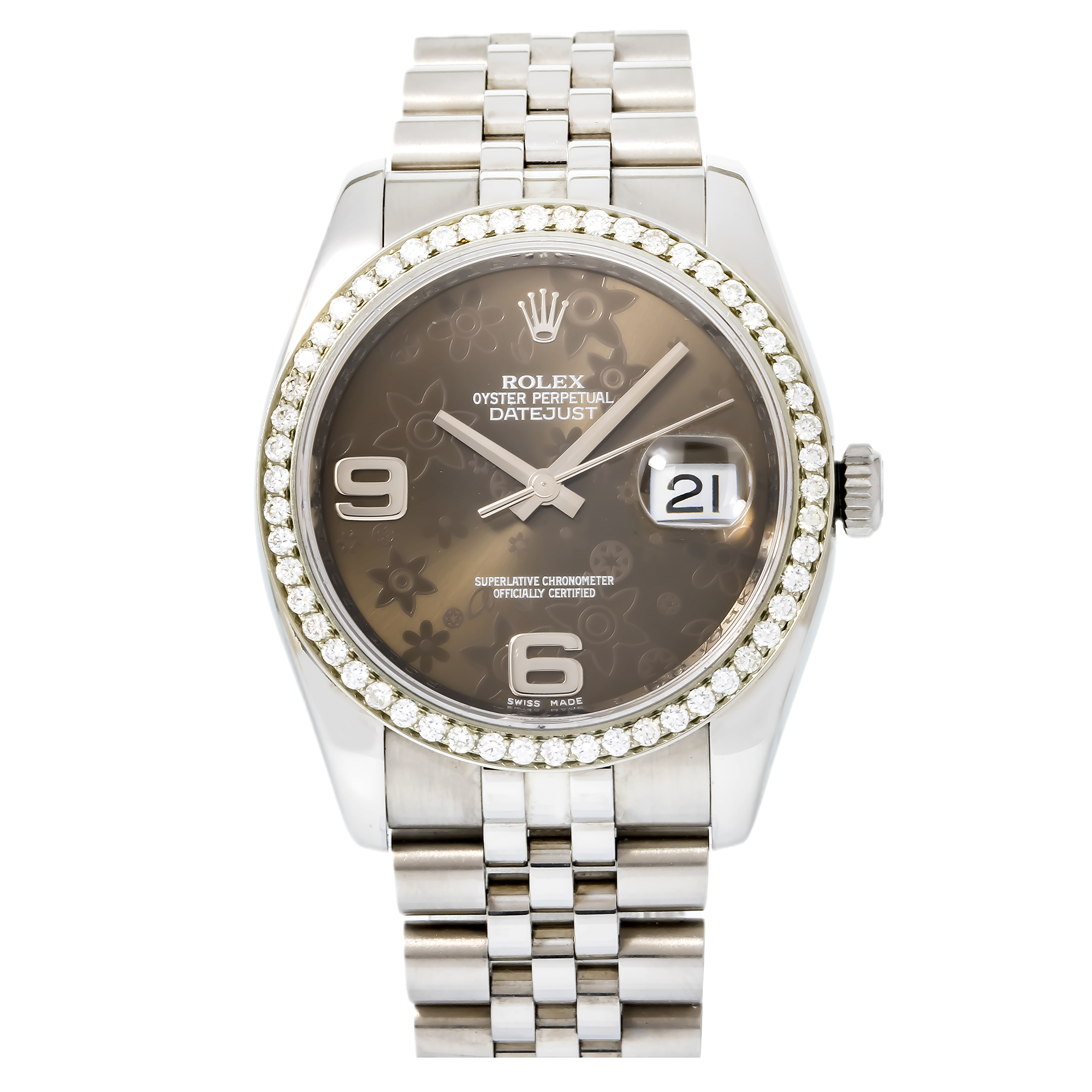 ROLEX DATEJUST 116234 36MM JUBILLE BRACELET WITH BLACK FLORAL DIAL AND DIAMOND BEZEL.