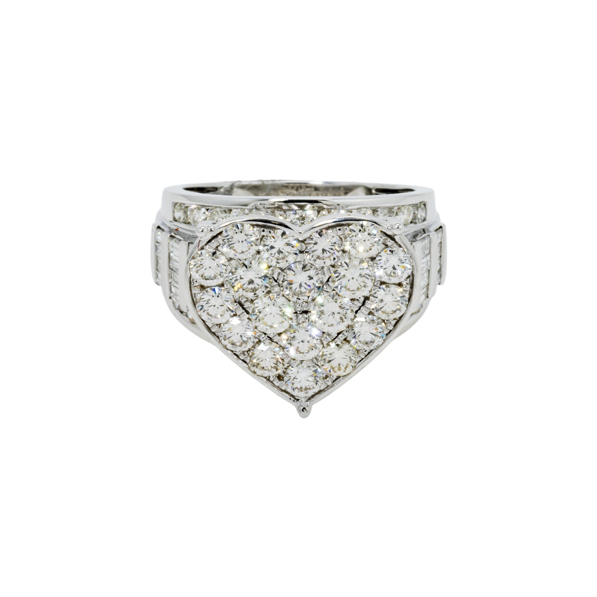 14K GOLD DIAMOND HEART CLUSTER WITH BAGUETTE SHANK STATEMENT RING 3.35 CT