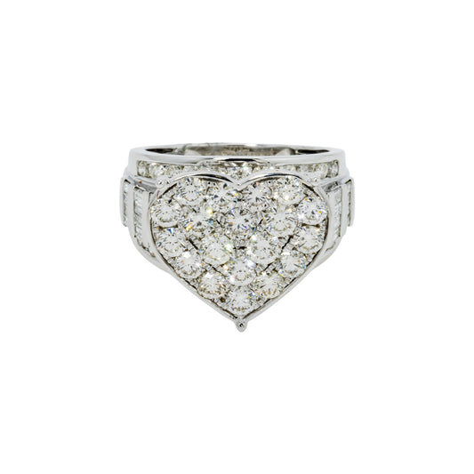 14K GOLD DIAMOND HEART CLUSTER WITH BAGUETTE SHANK STATEMENT RING 3.35 CT