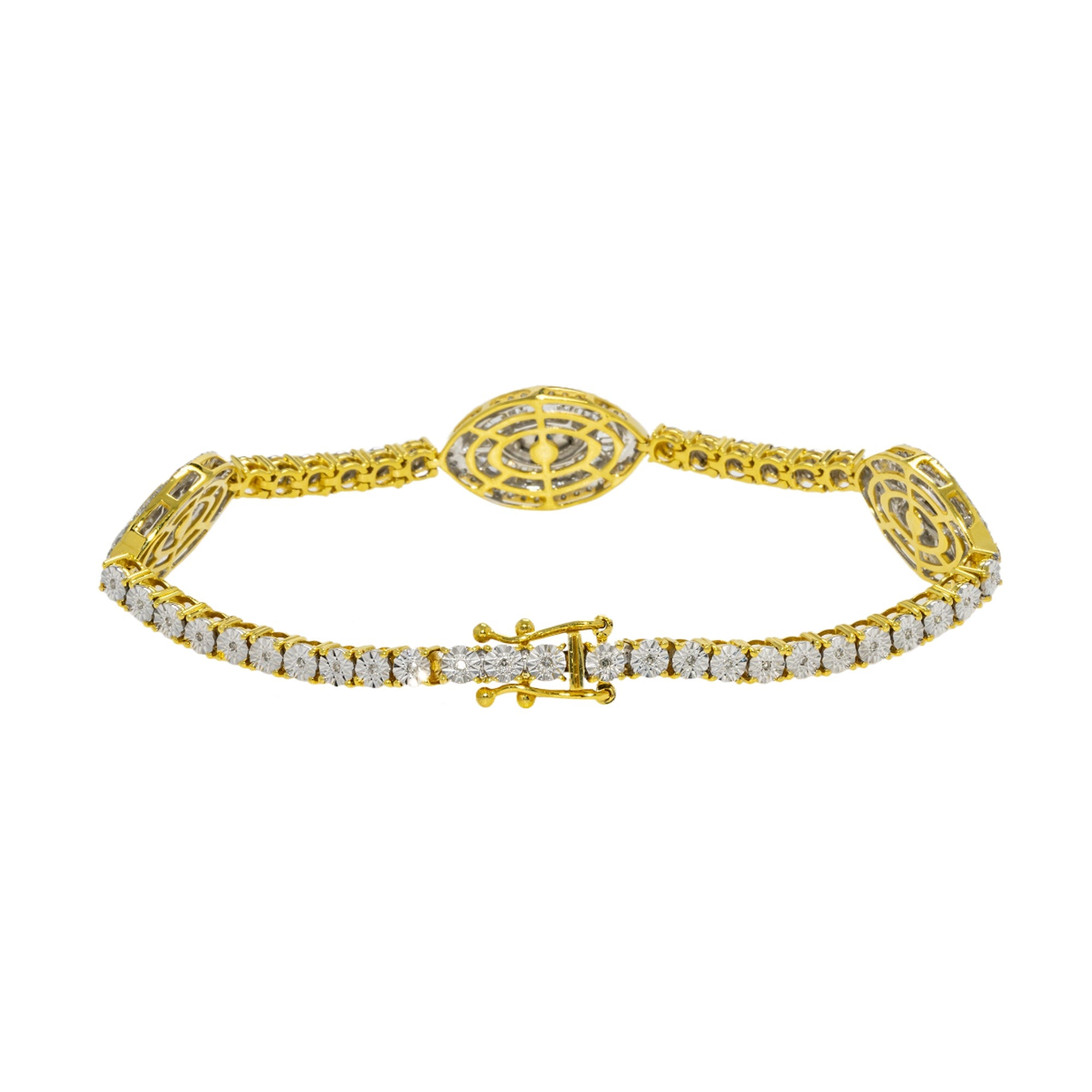 10K GOLD ROUND AND BAGUETTE DIAMOND ILLUSION SETTING EVIL EYE TENNIS BRACELET 1.65 CTW