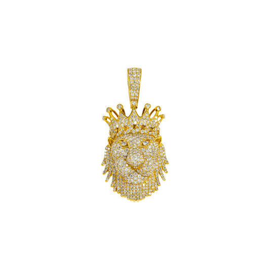14K GOLD DIAMOND LION HEAD WITH CROWN PENDANT 6.65 CTW