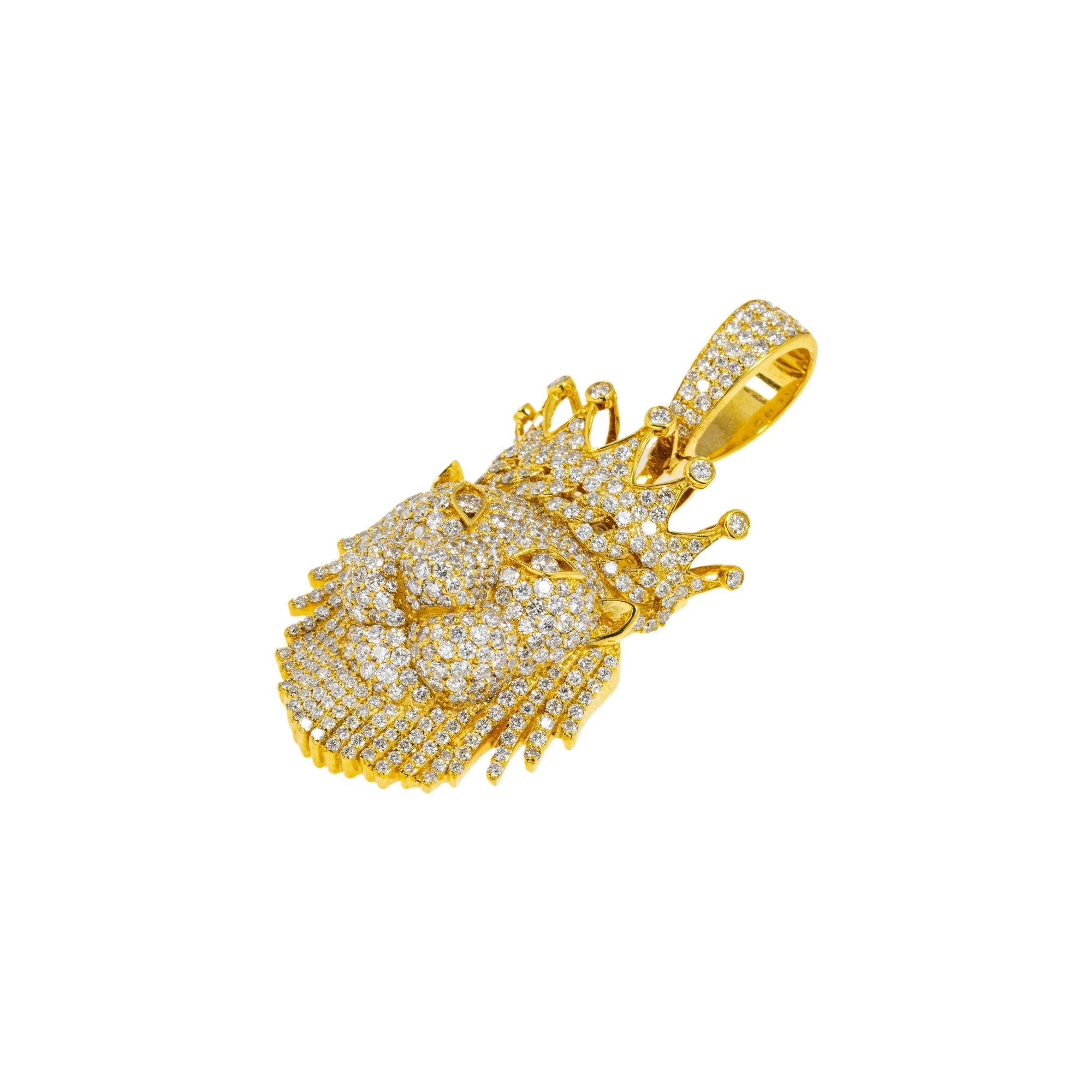 14K GOLD DIAMOND LION HEAD WITH CROWN PENDANT 6.65 CTW