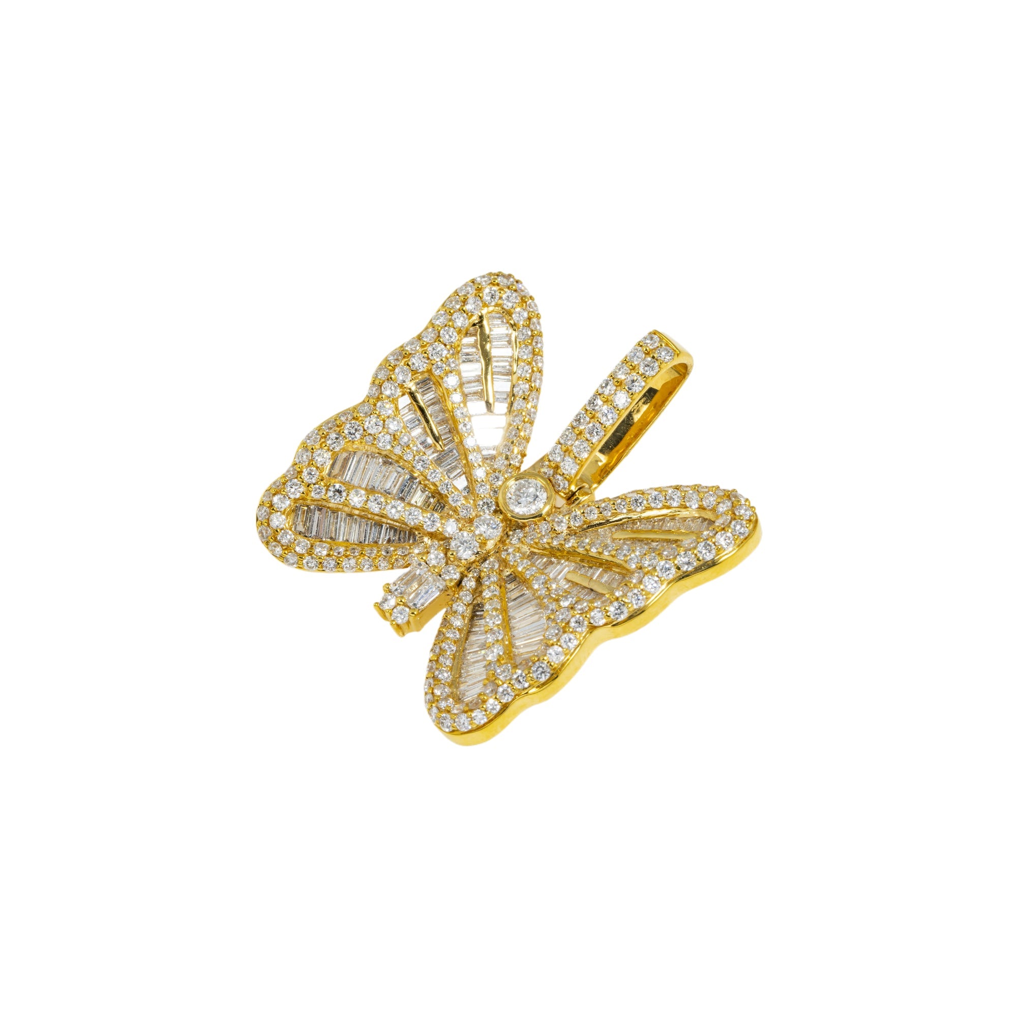 14K GOLD BAGUETTE AND ROUND DIAMOND BUTTERFLY PENDANT 4.00 CTW
