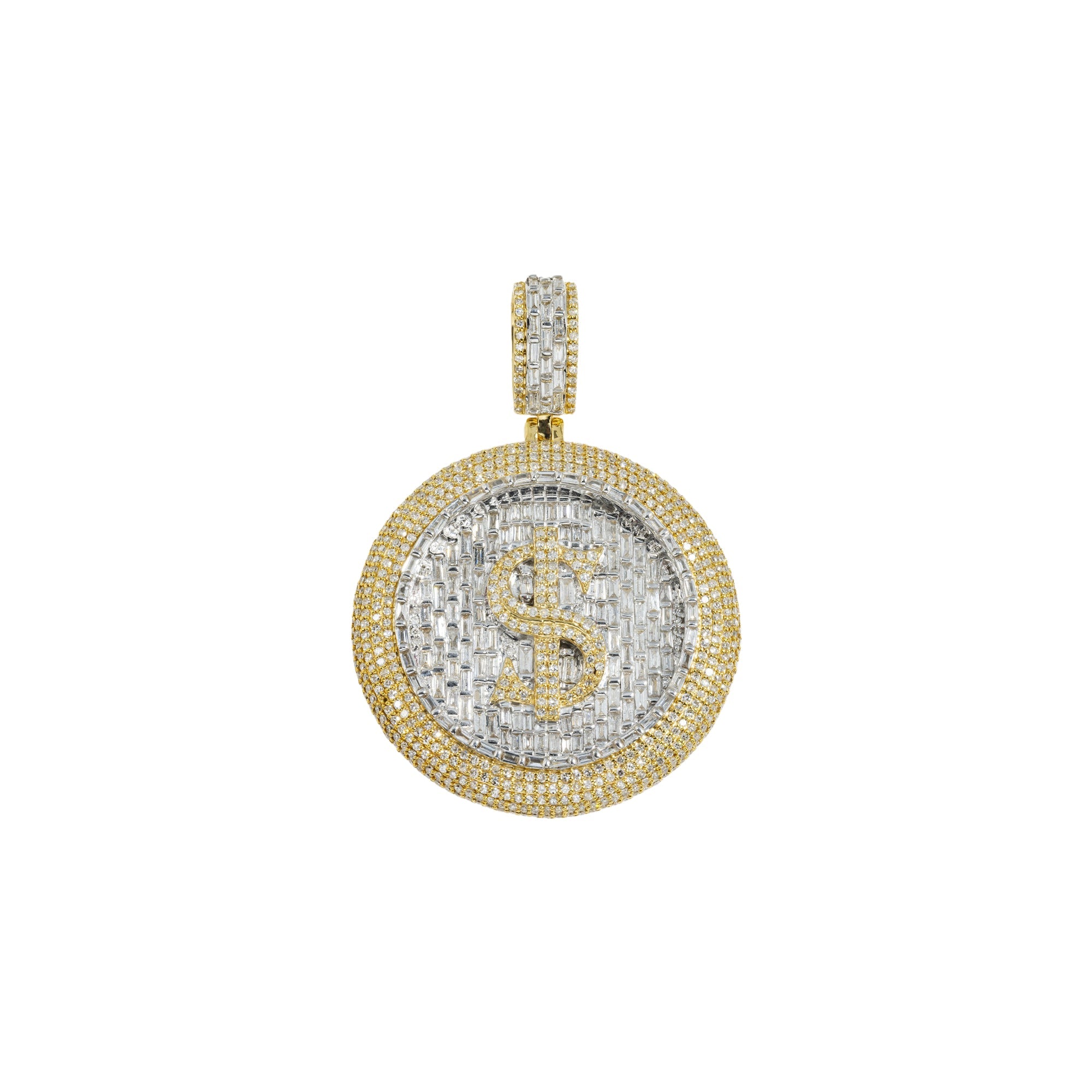 14K GOLD BAGUETTE AND ROUND DIAMOND 3D DOLLAR SIGN COIN PENDANT 3.25 CTW